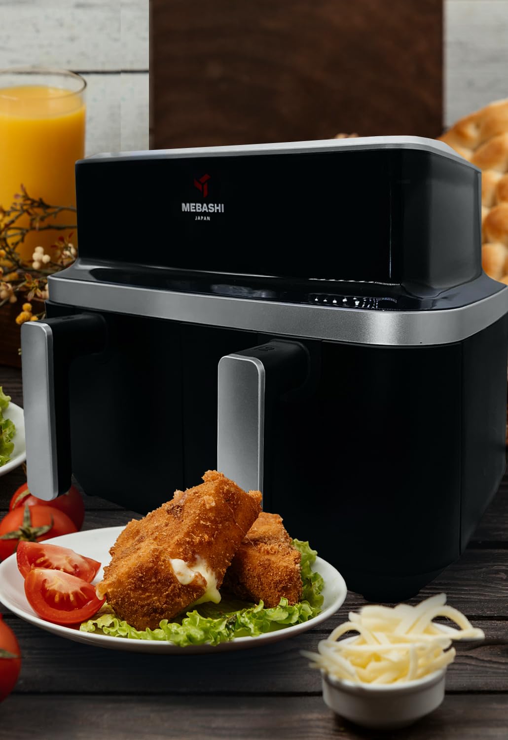 Mebashi 9 Liter Dual Basket Air Fryer with Touch Screen, Two Separate Baskets, Glass Window Air Fryer (ME-AF976) (2600 Watt)
