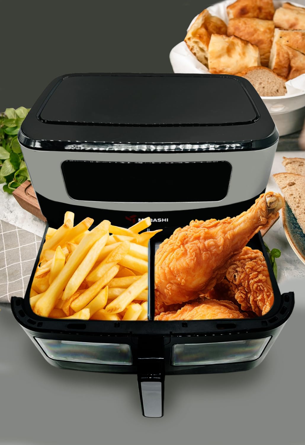 Maibashi Air Fryer 11 Liter, Digital Touch Cooking Machine, 360 Degree Thermal Rotation, Touch Control Panel, 11 Function Menu, Glass Window (ME-AF958) (1700-2050 Watts)