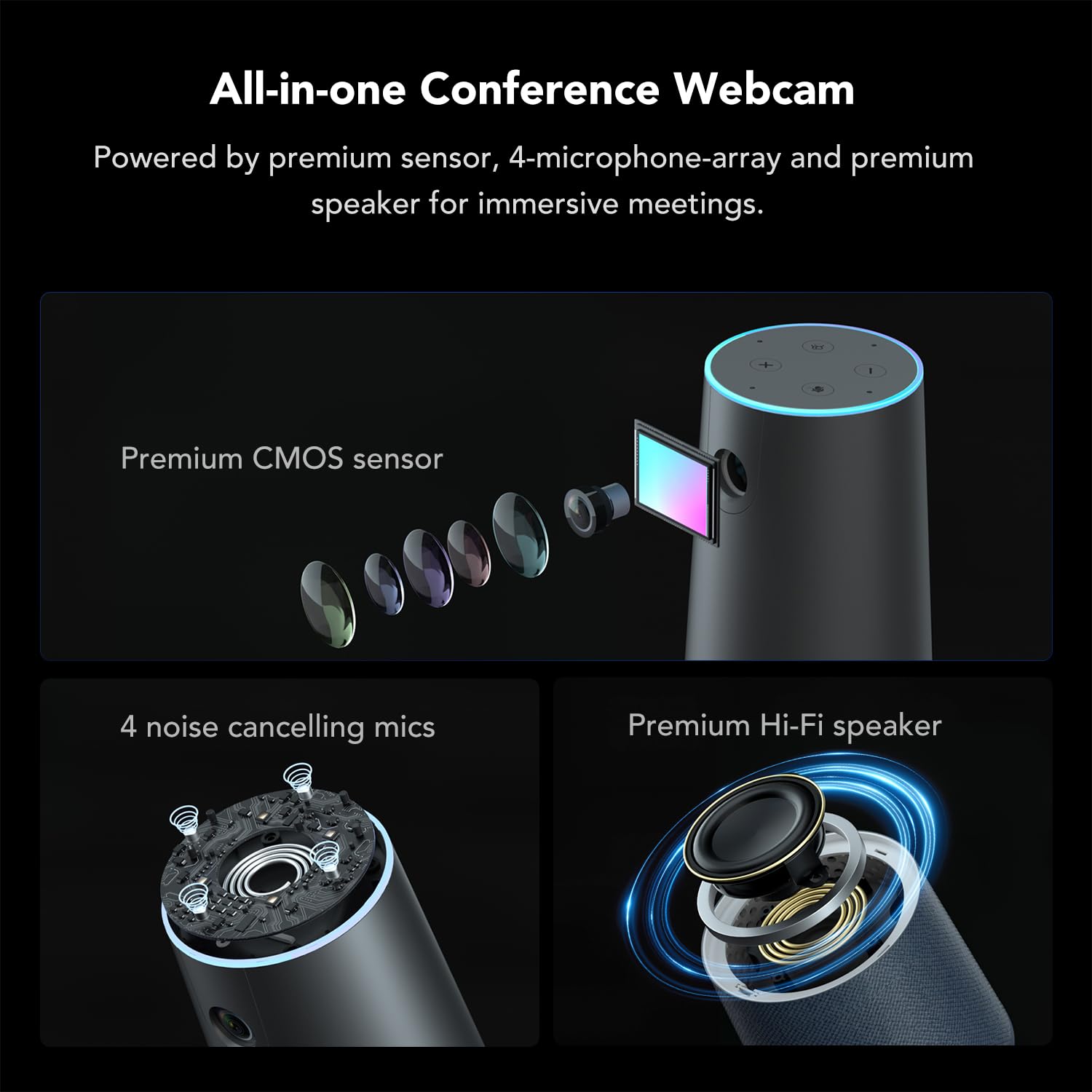 NEARITY C45 2K Video Conference Webcam with Microphone and Speaker, All-in-One Webcam with 4 Noise Cancelling Microphones, 5X Zoom FHD Webcam AI Auto-Framing Plug and Play for Zoom/Teams/Google Meet