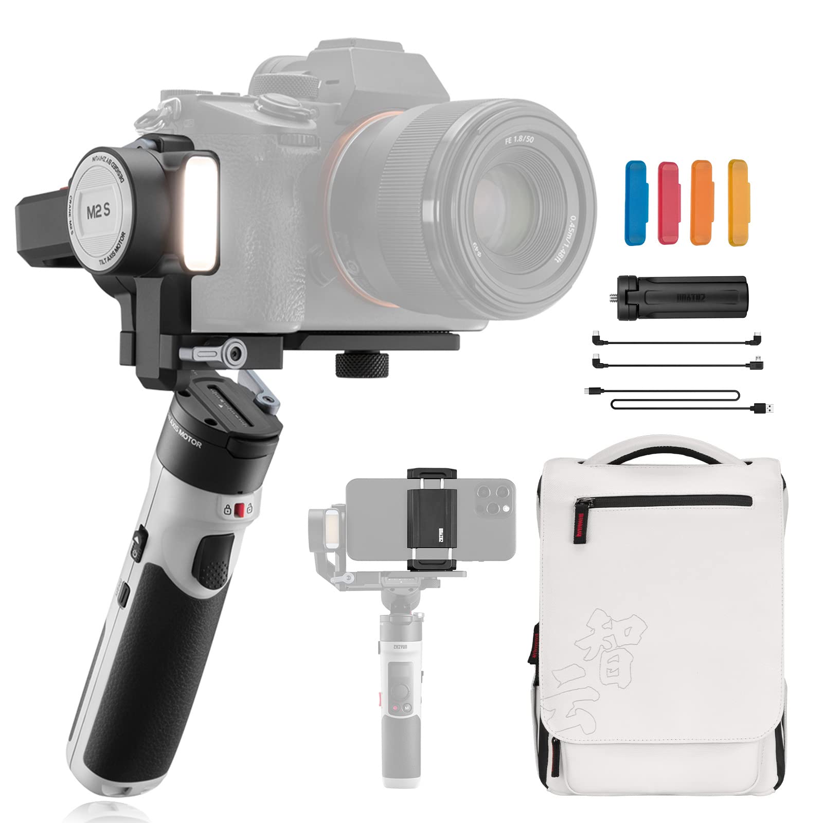 Zhiyun Crane M2S Gimbal Stabilizer for Mirrorless Camera Action Camera and Smartphone, Upgrade with Integrated Fill Light(Combo with Trendy Bag)