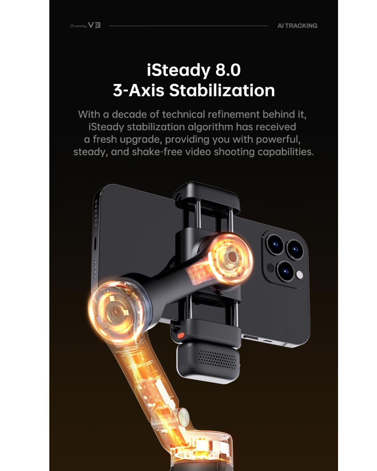 hohem Gimbal Stabilizer for Smartphone iSteady V3,Portable Phone Stabilizers with Al Tracker Detachable Remote Control Built-in Extension Rod/Tripod 3-Axis Stabilization 3-Color Fill Light