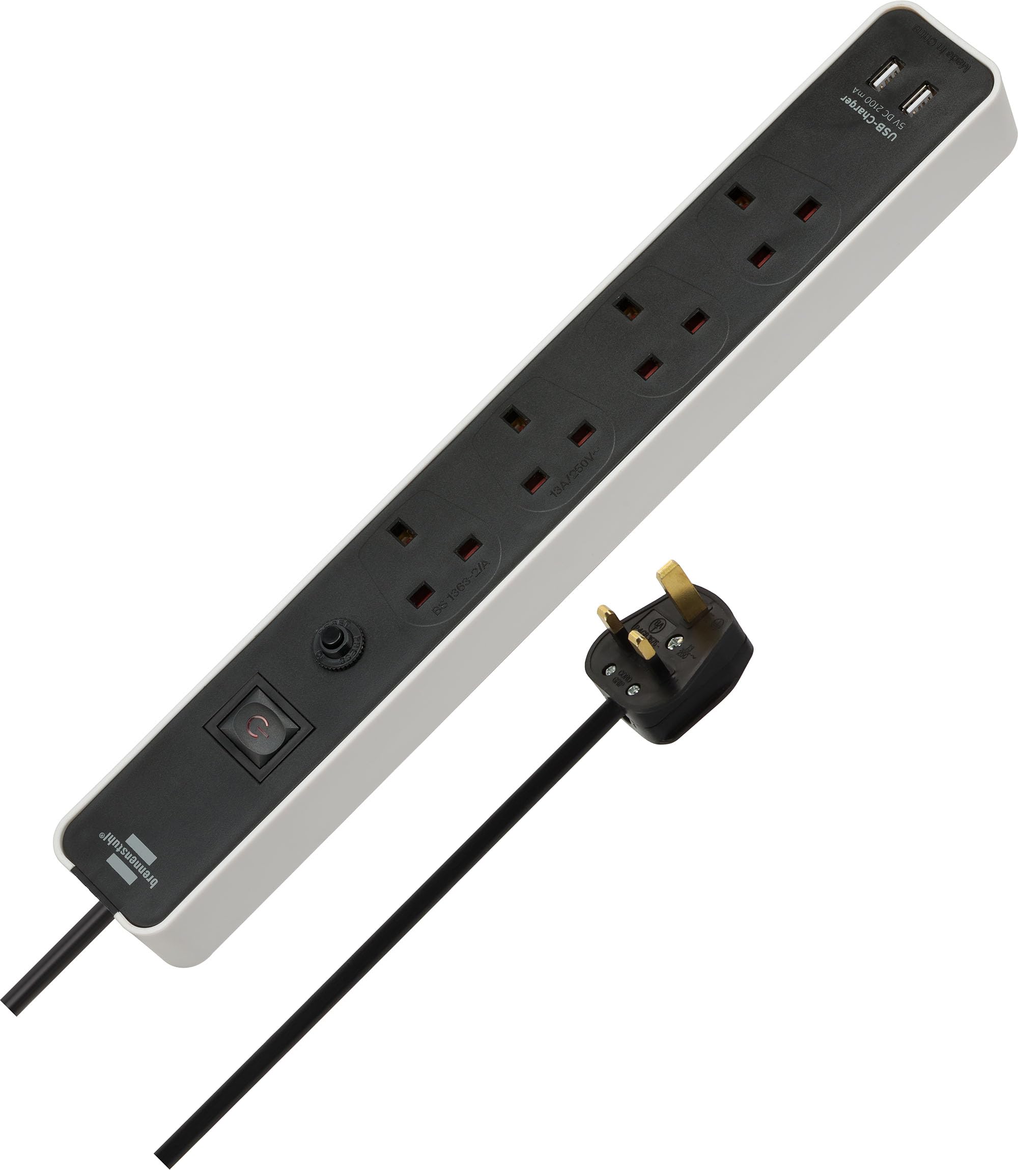 برينينستول مقبس تمديد اف بي مع شاحن USB وزر فيوز امان 13 امبير ساسو 4 اتجاهات 2Xusb 3M H05Vv-F 3G1.5 ابيض/اسود *GB* من اي كولور