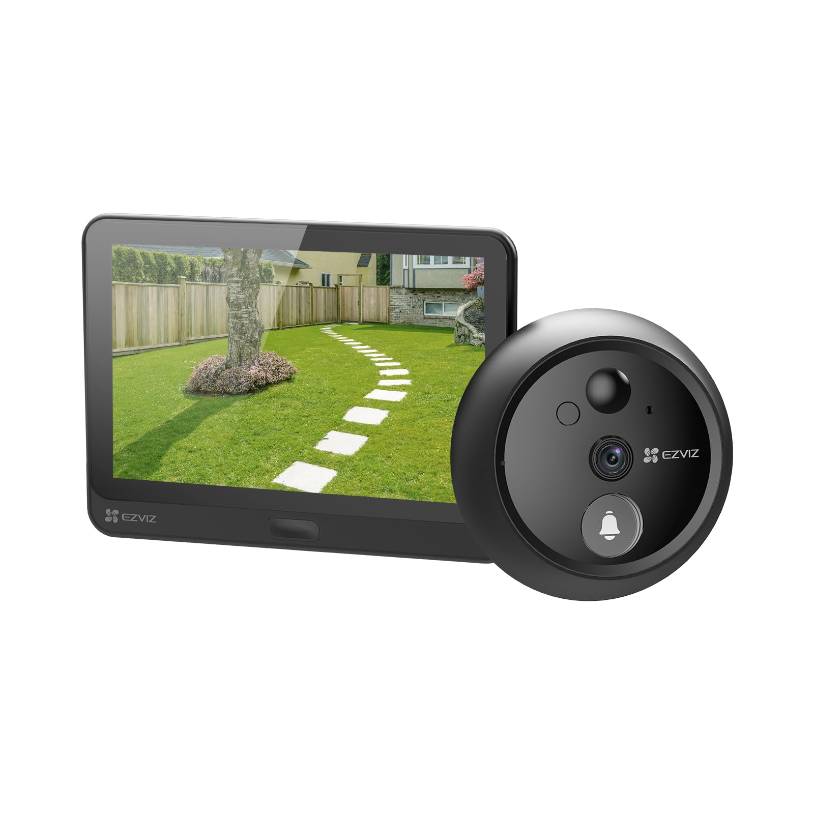 كاميرا عرض الباب بدون اسلاك HP4 من ايزفيز مع جرس باب مدمج، شاشة ملونة 1080p 4.3، بطارية قابلة لاعادة الشحن، تحدث ثنائي الاتجاه، رؤية ليلية، تقنية فيديو H.265، رؤية واسعة للغاية، بطاقة مايكرو اس دي