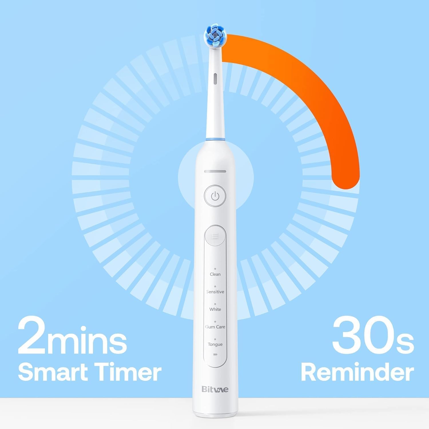 R2 Rotating Electric Toothbrush, 5 Modes (Clean, Sensitive, White, Tongue & Gum Care), 8 Replacement Heads, Cleans 4X More Plaque, 30-Days Battery Life, White | R2