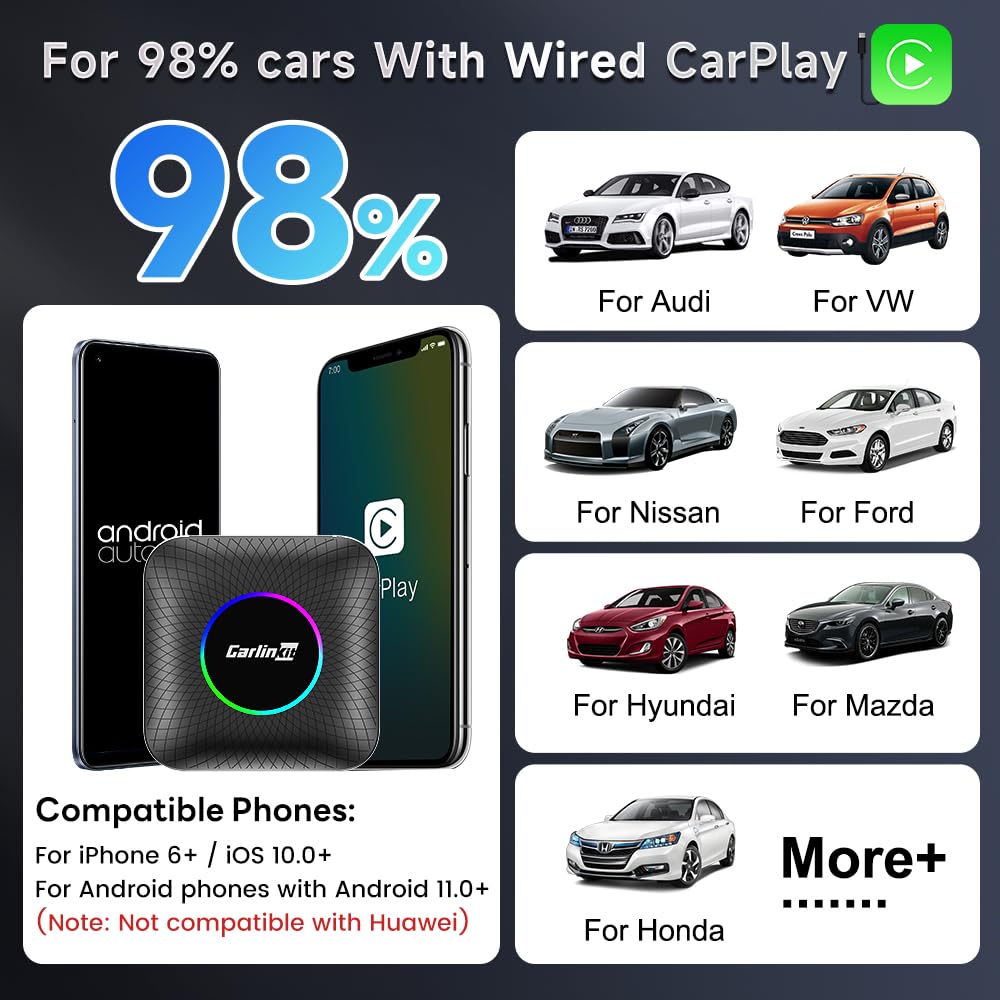 CarlinKit New Android 13 AI Box LED Ambient: Wireless CarPlay/Android Car Adapter, Qualcomm SM 6225.8GB+128GB, Support YouTube/Netflix/Disney+/OTA Upgrade