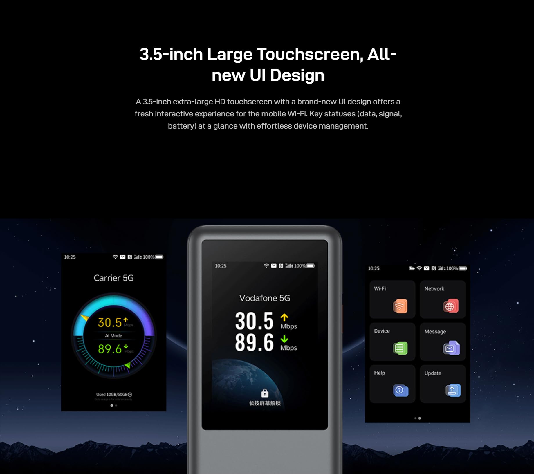 ZTE U60 Pro 5G WiFi Router, WiFi 7, 4.29 Gbps Download Speed, Snapdragon X75, 10000mAh Battery, Supports 64 Devices, 3.5-inch Touchscreen, NFC, AI-Powered