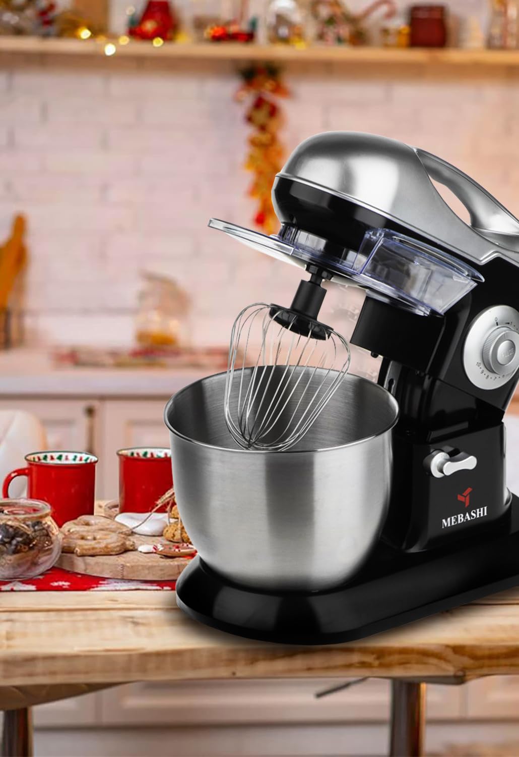 Mebashi Stand Mixer Bowl, 7 Liter Capacity, Black, 10 Speeds, Stainless Steel Bowl (ME-SBM1113) (Black)