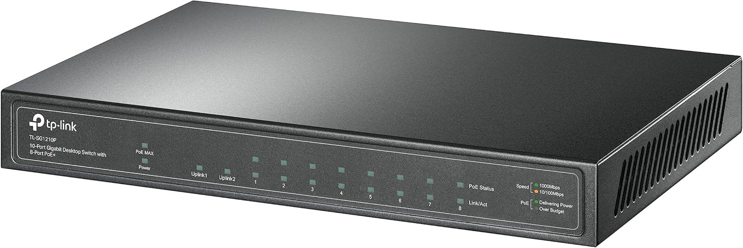 TP-Link 10-Port Gigabit Desktop Switch with 8-Port PoE+ | 9 10/100/1000Mbps RJ45 ports, 1 Gigabit SFP port | TL-SG1210P