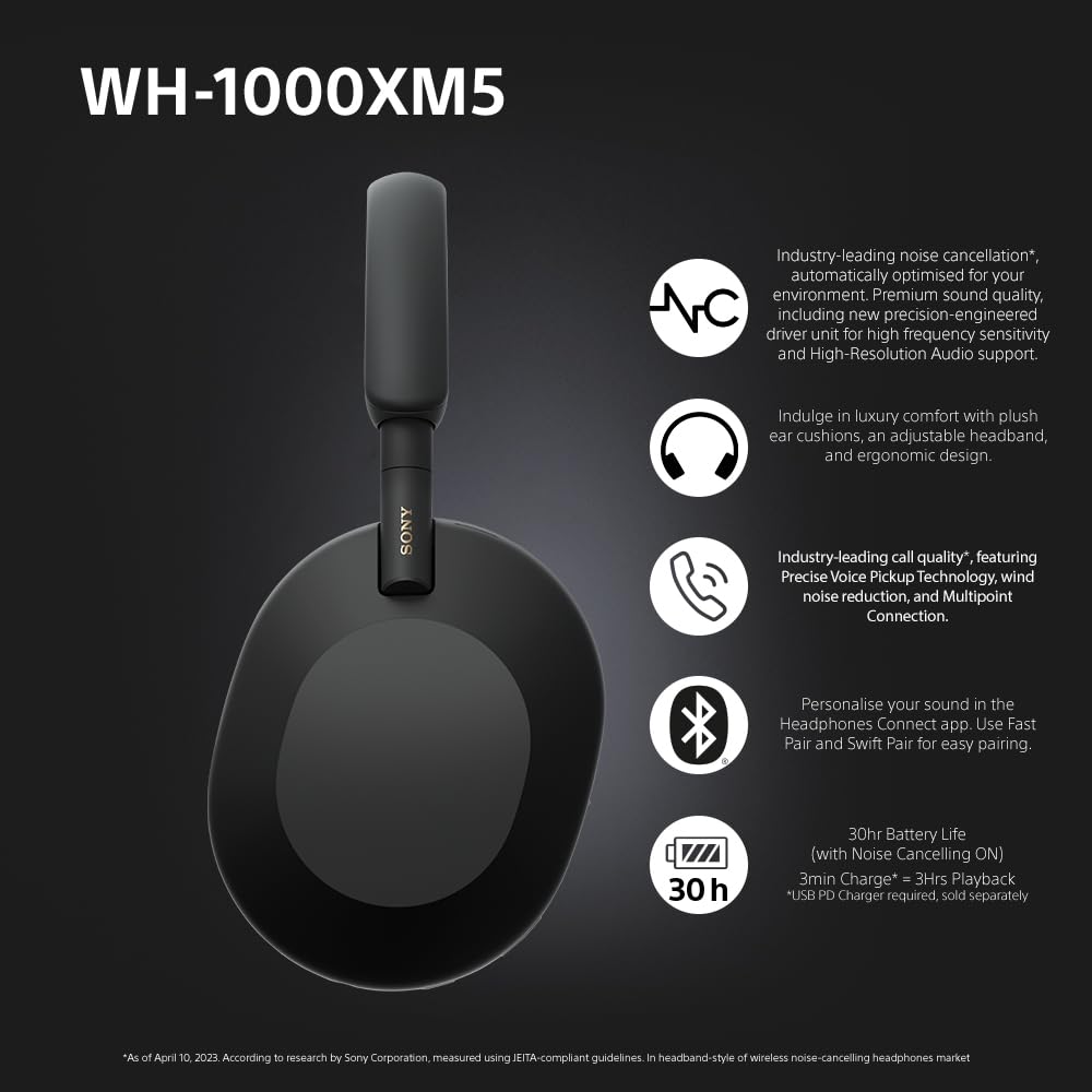 سماعات لاسلكية سوني WH 1000XM5 بخاصية الغاء الضوضاء لمدة 30 ساعة، عمر البطارية فوق الأذن مُحسَّن من أجل أليكسا وجوجل المساعد مع ميكروفون مدمج للمكالمات الهاتفية أسود، مقاس واحد