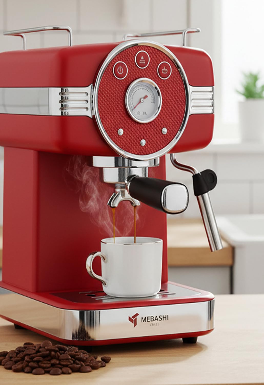 Maibashi Espresso Coffee Maker 1.5 Liter Capacity, 20 Bar Pressure Pump, Detachable Water Tank (E-ECM2046) (Red) | 1100 Watt