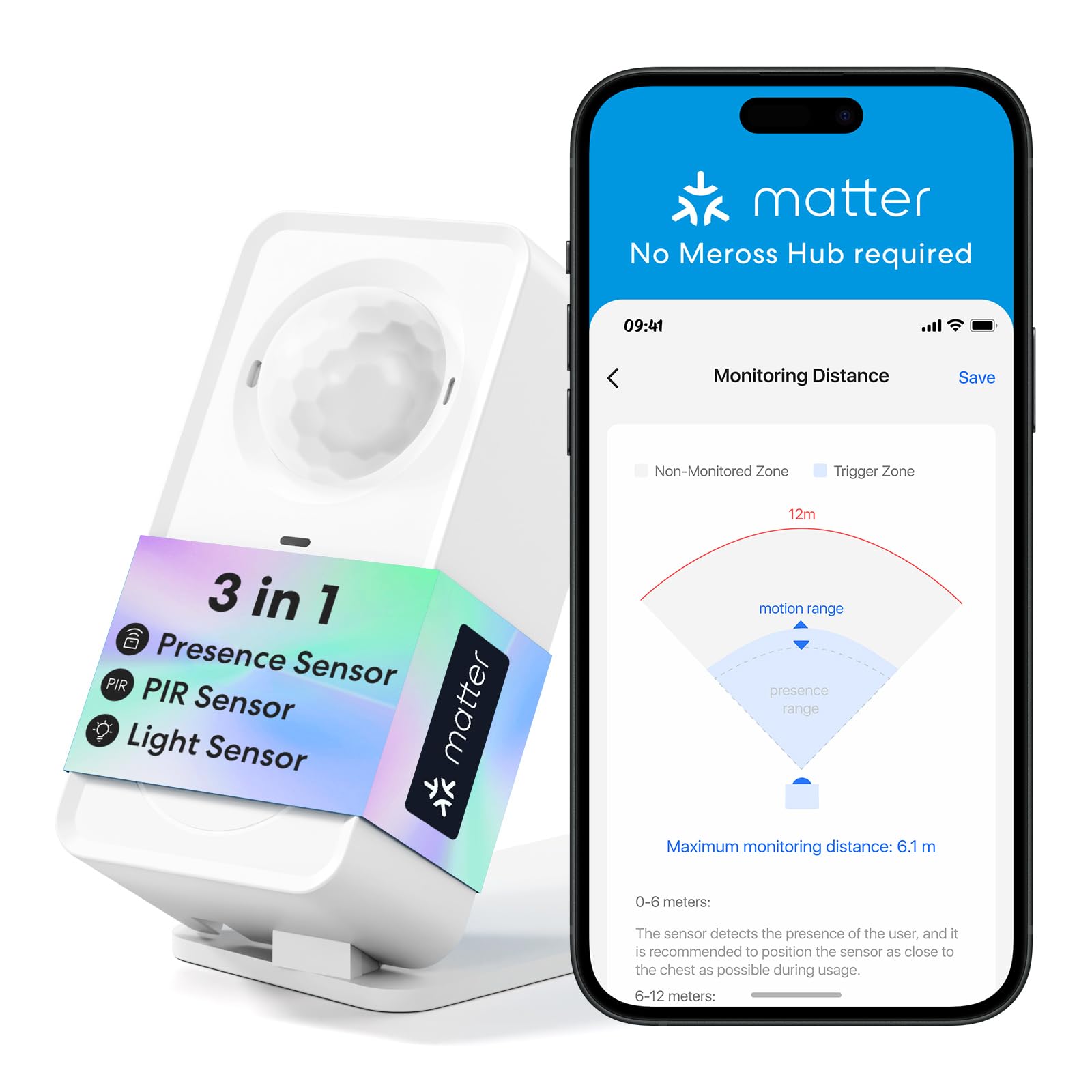 meross Matter Smart Presence Sensor, 3-in-1 mmWave Radar & PIR & Light Motion Sensor, AI Motion Detector for Home Automation and Security, Supports HomeKit, Alexa, Google Home, 2.4GHz Wi-Fi Only