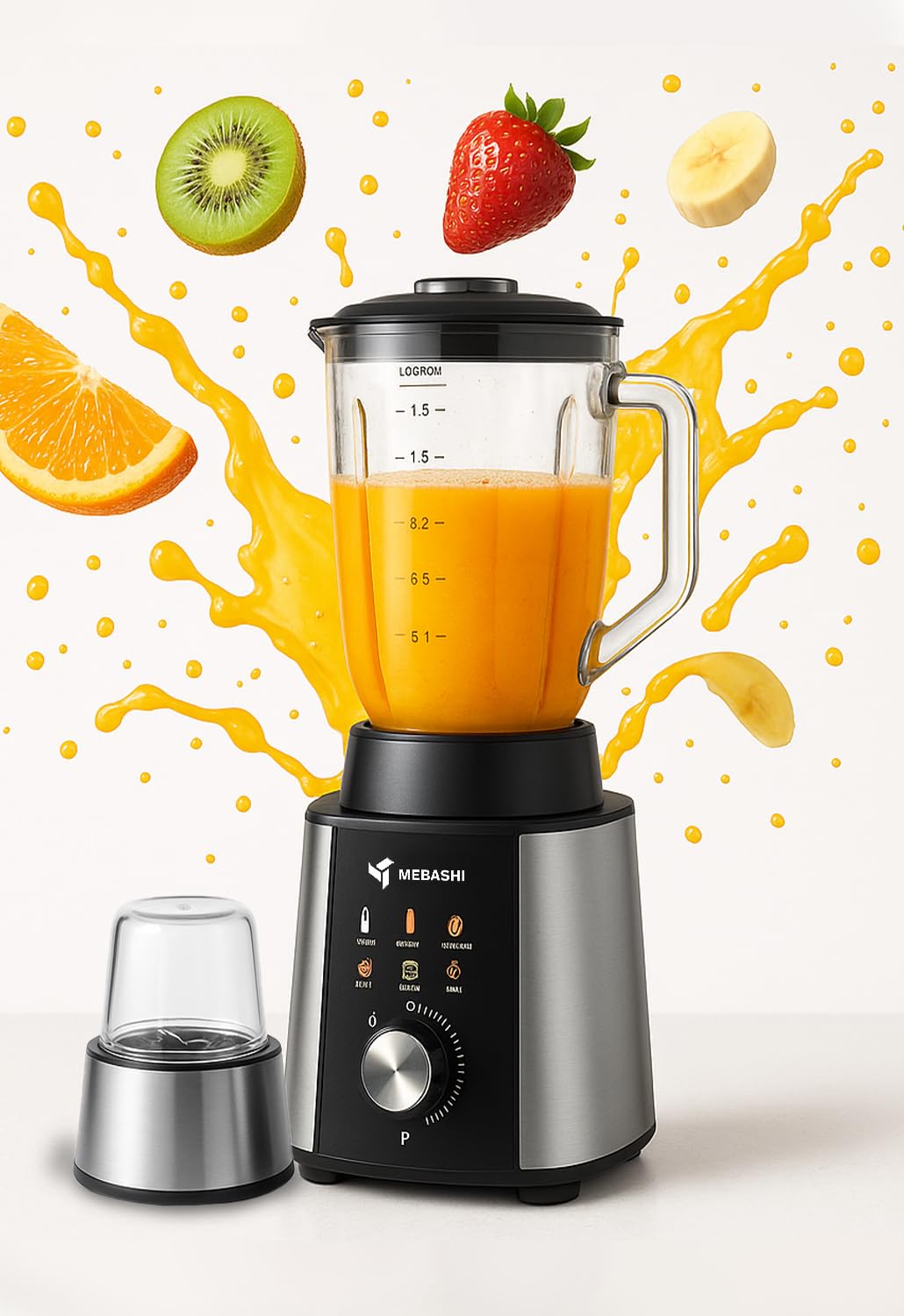 MEBASHI 2-in-1 Blender, 1.5 L, 1200 W, Black Steel, Glass Jar (ME-BL2000)