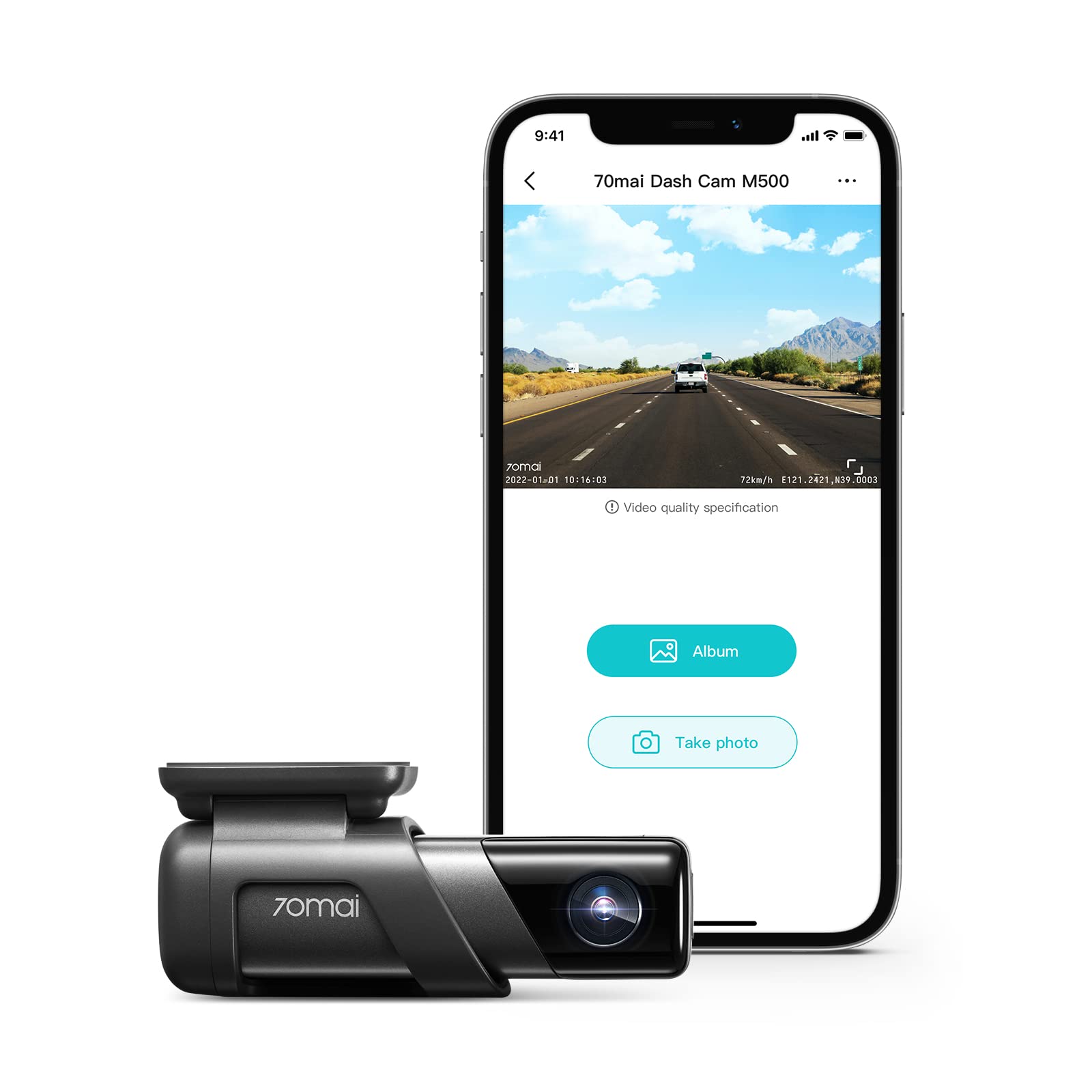 70mai M500 DashCam, 1944P Resolution, GPS, Extended ADAS, Voice Control, 170° Wide Angle, eMMC Storage, Driving Data Overlay, Wi-Fi, App Control, Optional Parking Monitoring & TPMS (32GB)