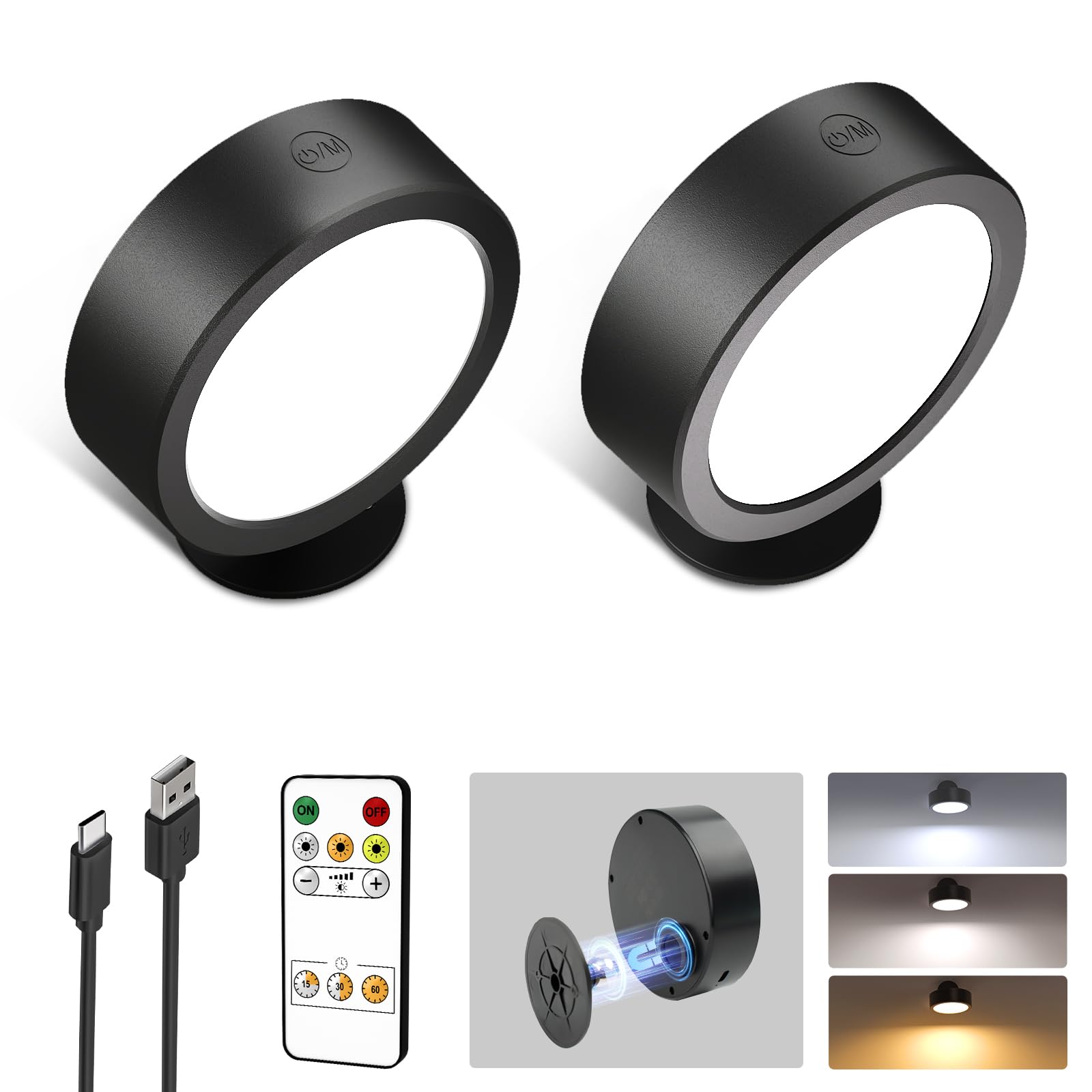 EZVALO Indoor LED Wall Light with 5500mAh Battery, Wireless Wall Lamp with Remote Control, 360 Degree Rotatable, 3 Color Modes, Touch Control for Kids, Living Room and Bedroom, Black (Pack of 2)