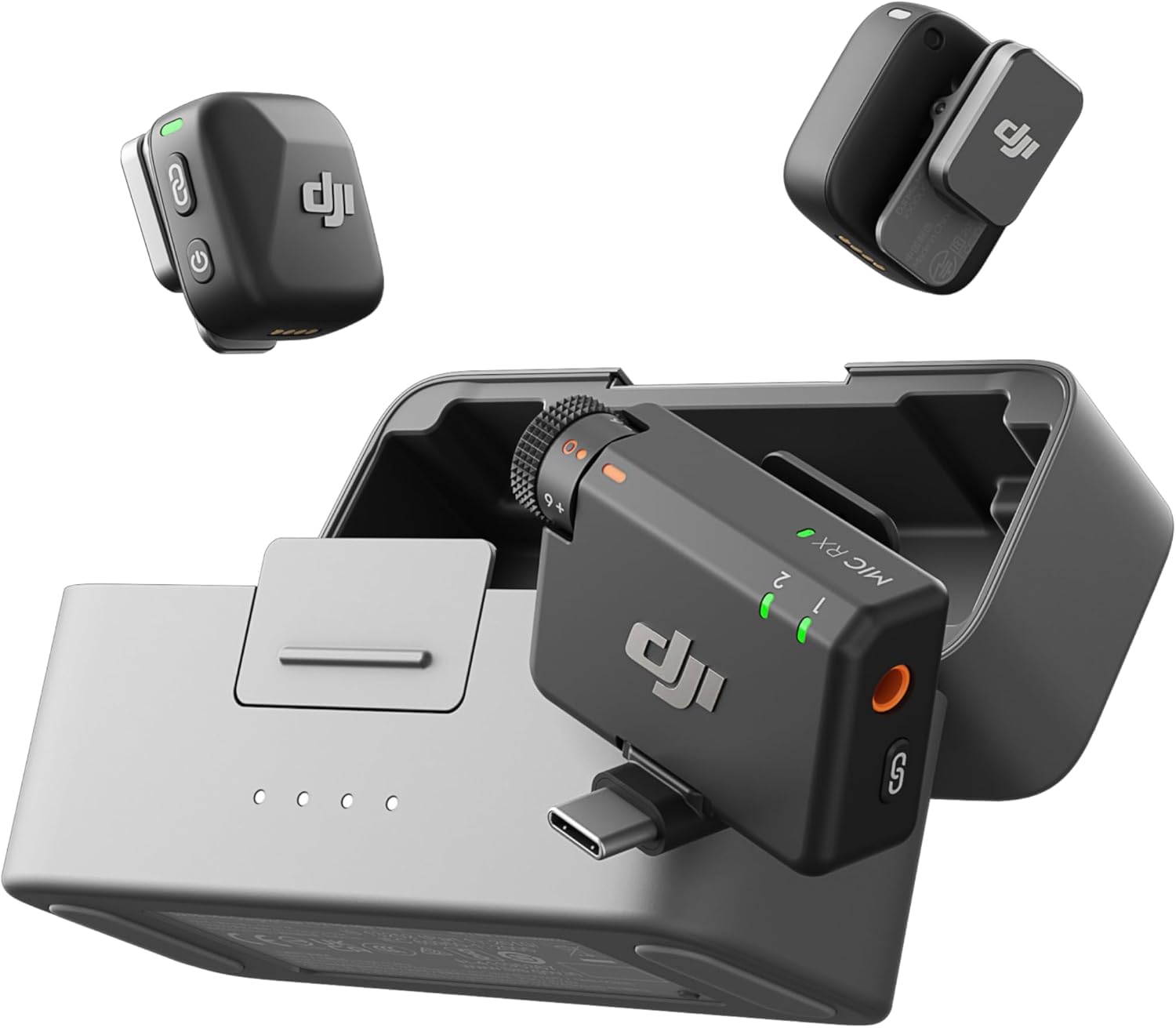 DJI ميكروفون صغير (2 تي اكس + 1 ار اكس + صندوق شحن)، خفيف للغاية، صوت اتش سي، استخدام 48 ساعة، الغاء الضوضاء، حد (ميكروفون صغير (2 تي اكس + 1 ار اكس + صندوق شحن))