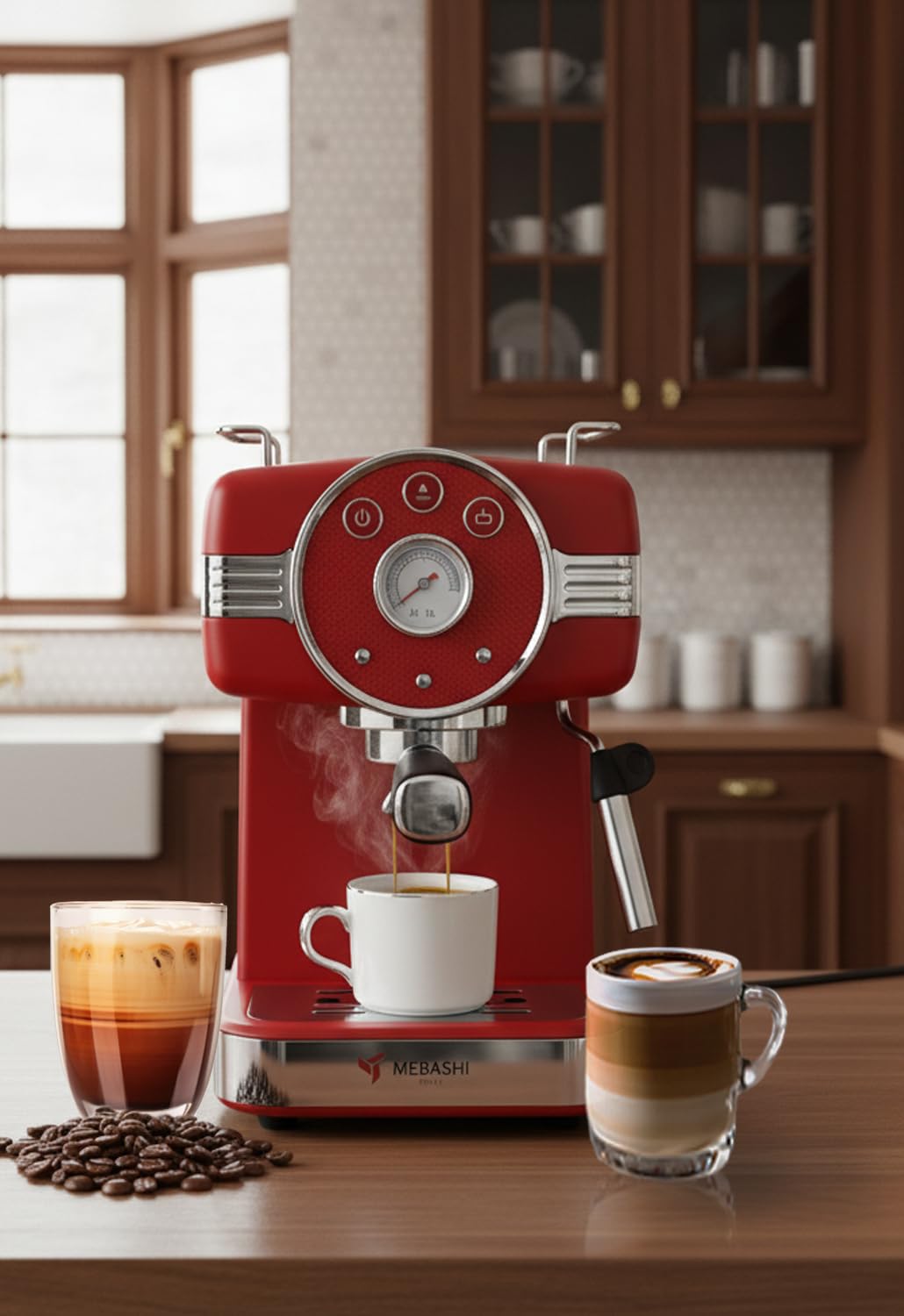 Maibashi Espresso Coffee Maker 1.5 Liter Capacity, 20 Bar Pressure Pump, Detachable Water Tank (E-ECM2046) (Red) | 1100 Watt