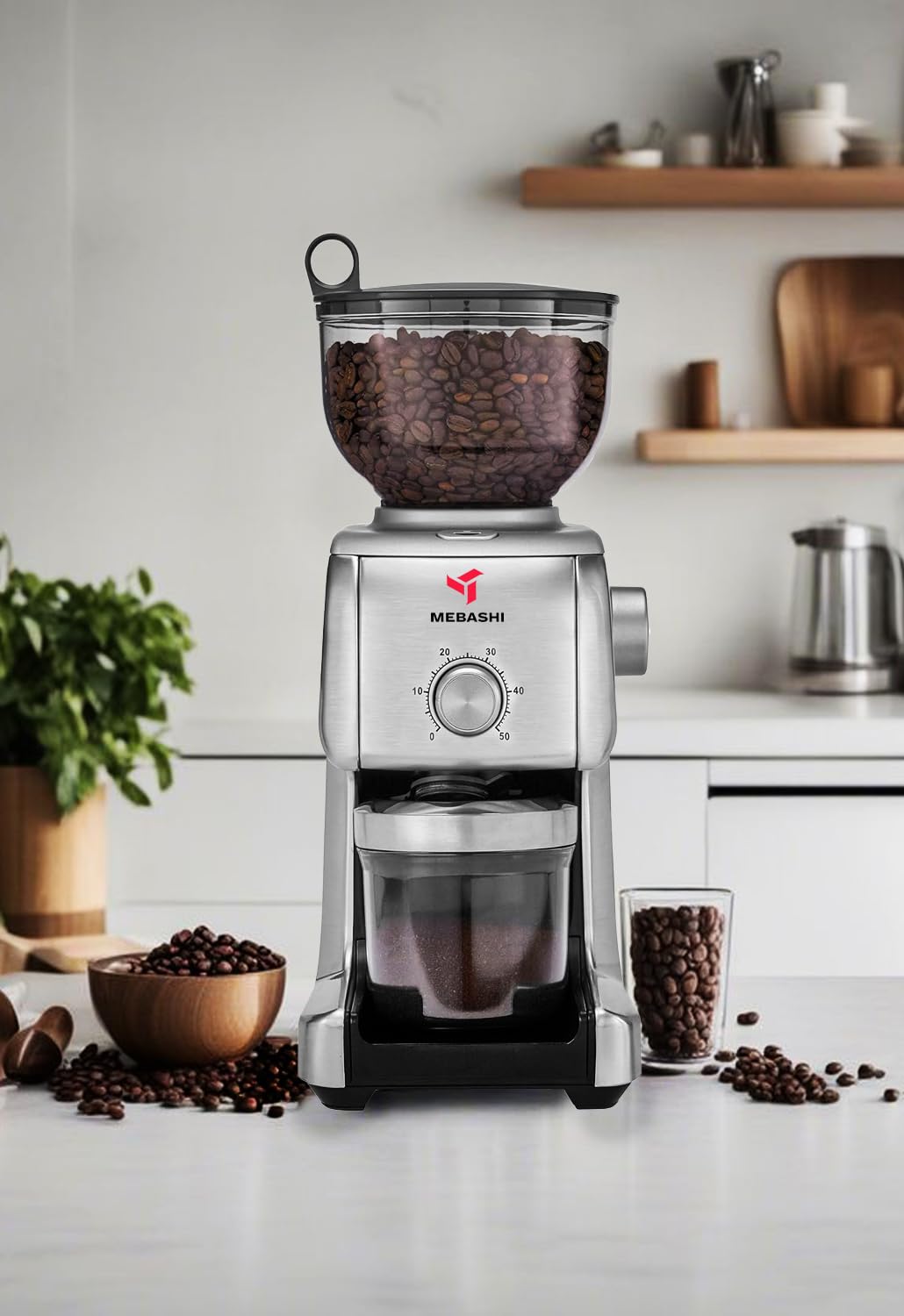 Mebashi Conical Burr Coffee Grinder Stainless Steel | 16-Step Adjustable Grind, 400g Capacity, Airtight Containers, Direct Portafilter Grinding (ME-CG2290) (130 Watt)