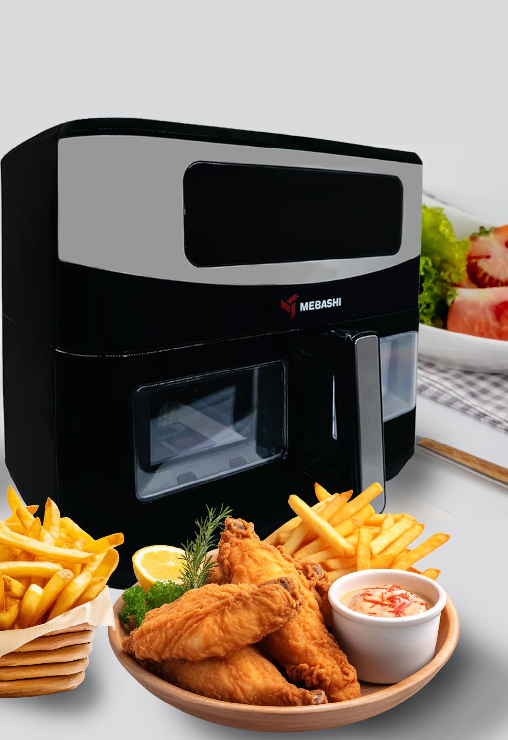 Maibashi Air Fryer 11 Liter, Digital Touch Cooking Machine, 360 Degree Thermal Rotation, Touch Control Panel, 11 Function Menu, Glass Window (ME-AF958) (1700-2050 Watts)