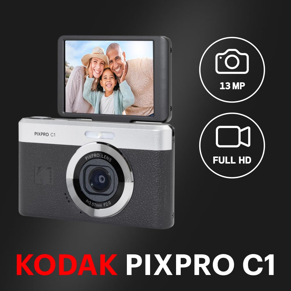 كوداك كاميرا رقمية صغيرة للغاية C1 من بيكسبرو | 13MP BSI CMOS، تكبير 4X، شاشة LCD 2.8 انش، فلاش LED، بطارية مدمجة - اسود