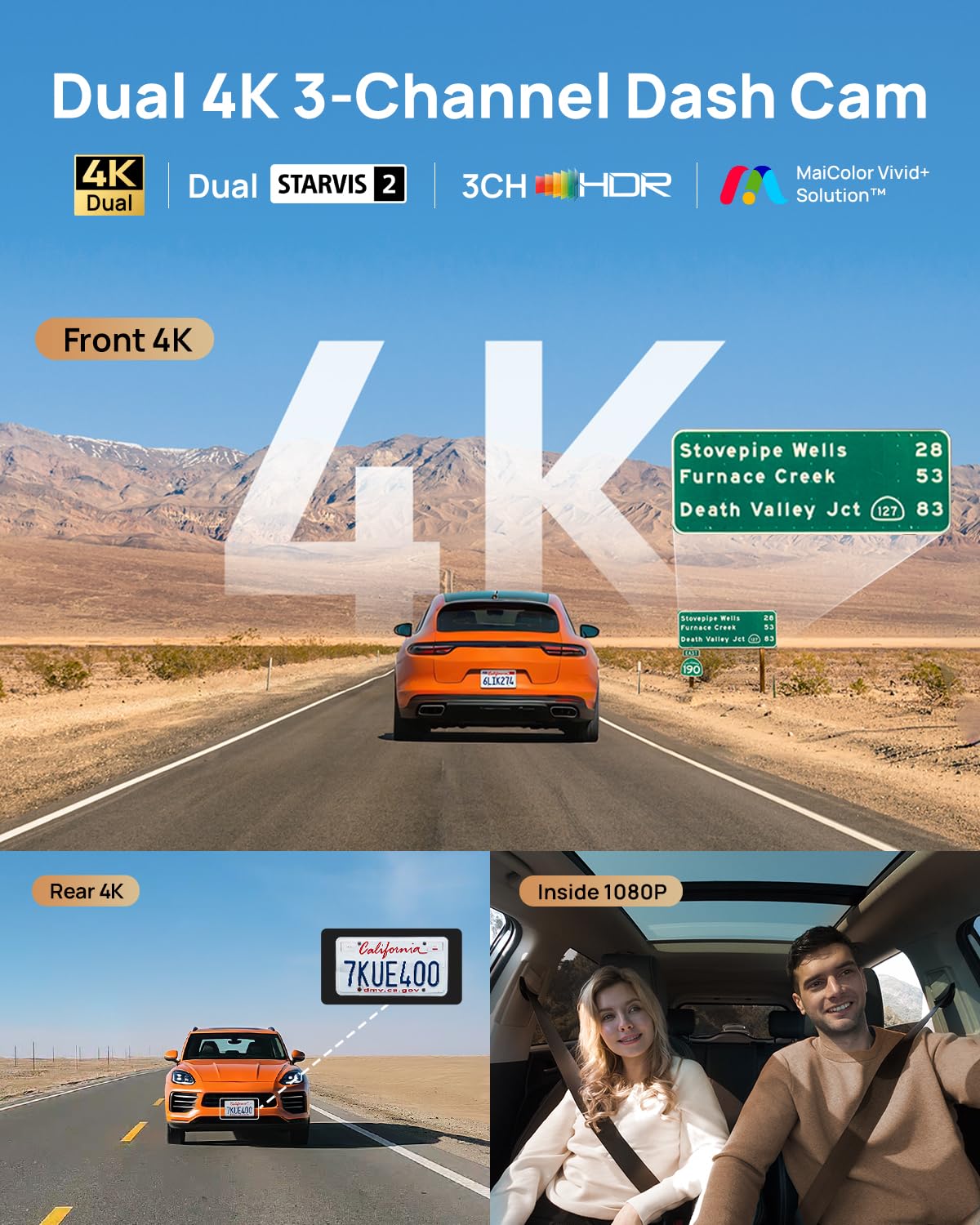 70 ام ايه اي كاميرا تابلوه 4K T800 بـ3 قنوات امامية وخلفية من الداخل (2160P+2160P+1080P)، ستارفيس 2 IMX678، رؤية ليلية HDR، كاميرا داش للسيارات مع بطاقة 512GB، واي فاي 6، 4G LTE، ADAS، وضع وقوف 24