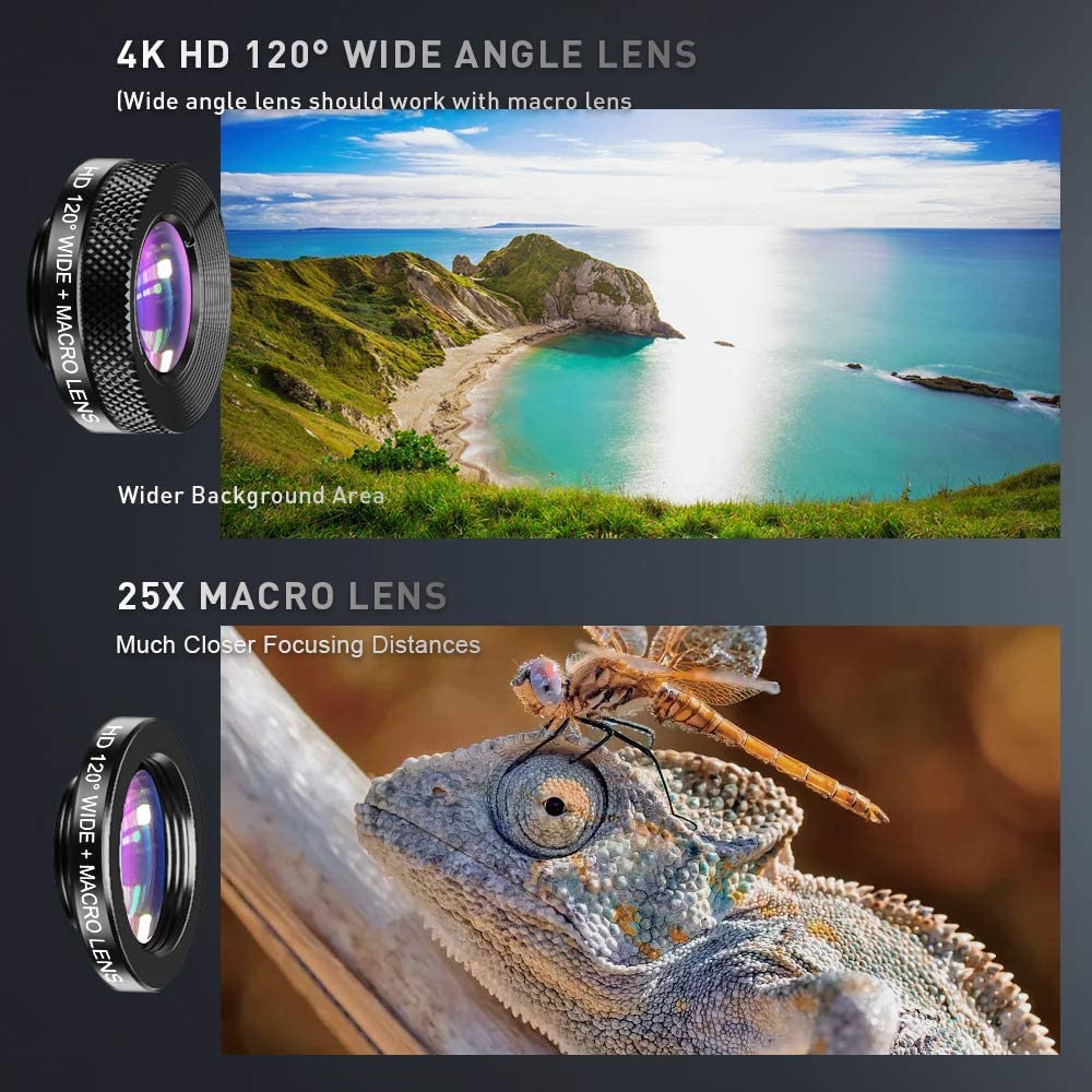 Apexel Phone Lens Kit 6 in 1, 22X Telephoto Lens, 205° Fisheye Lens, 120° Wide Angle Lens & 25X Macro Lens(Screwed Together), Compatible with iPhone 11 8 7 6 6s Plus X Xs/Max XR Samsung