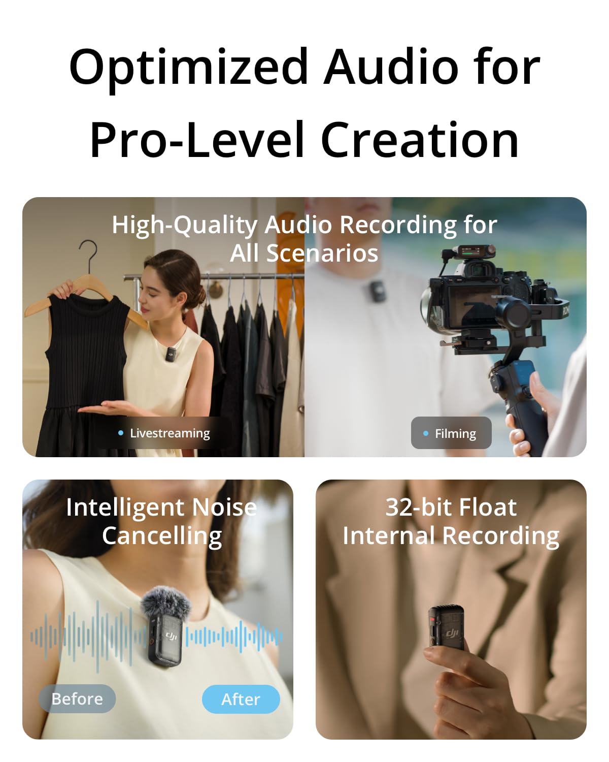 DJI ميكروفون 2 (1 TX + 1 RX)، ميكروفون لاسلكي مع خاصية الغاء الضوضاء الذكية، تسجيل داخلي عائم 32 بت، صوت محسن، نطاق 250 متر (850 قدم)، ميكروفون لايفون، اندرويد، الكاميرا، مدونات الفيديو