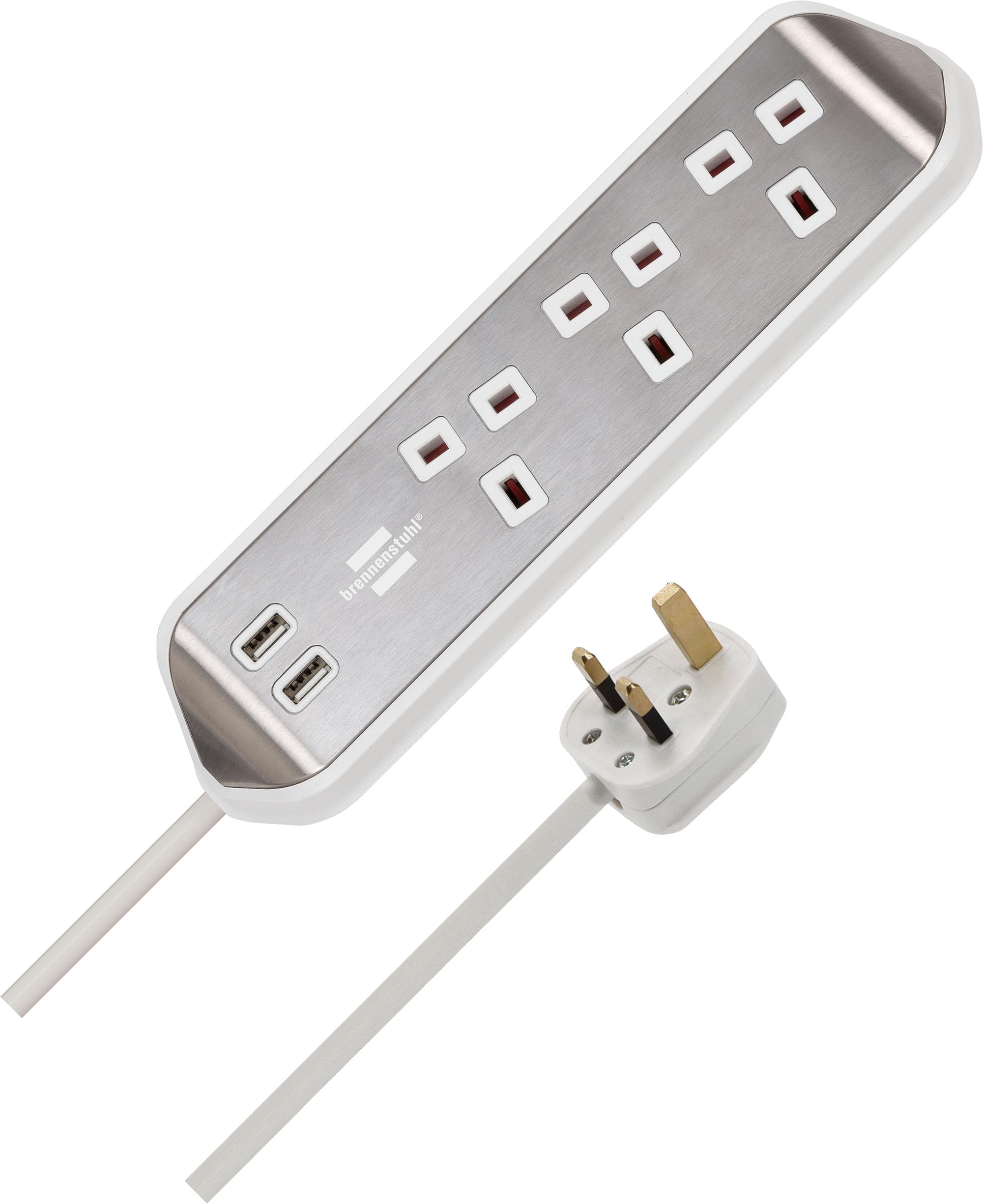 برينينستول مقبس تمديد زاوية ثلاثي الاتجاهات مع مقبس USB A ثنائي الاتجاه وكابل بطول 2 متر - ابيض