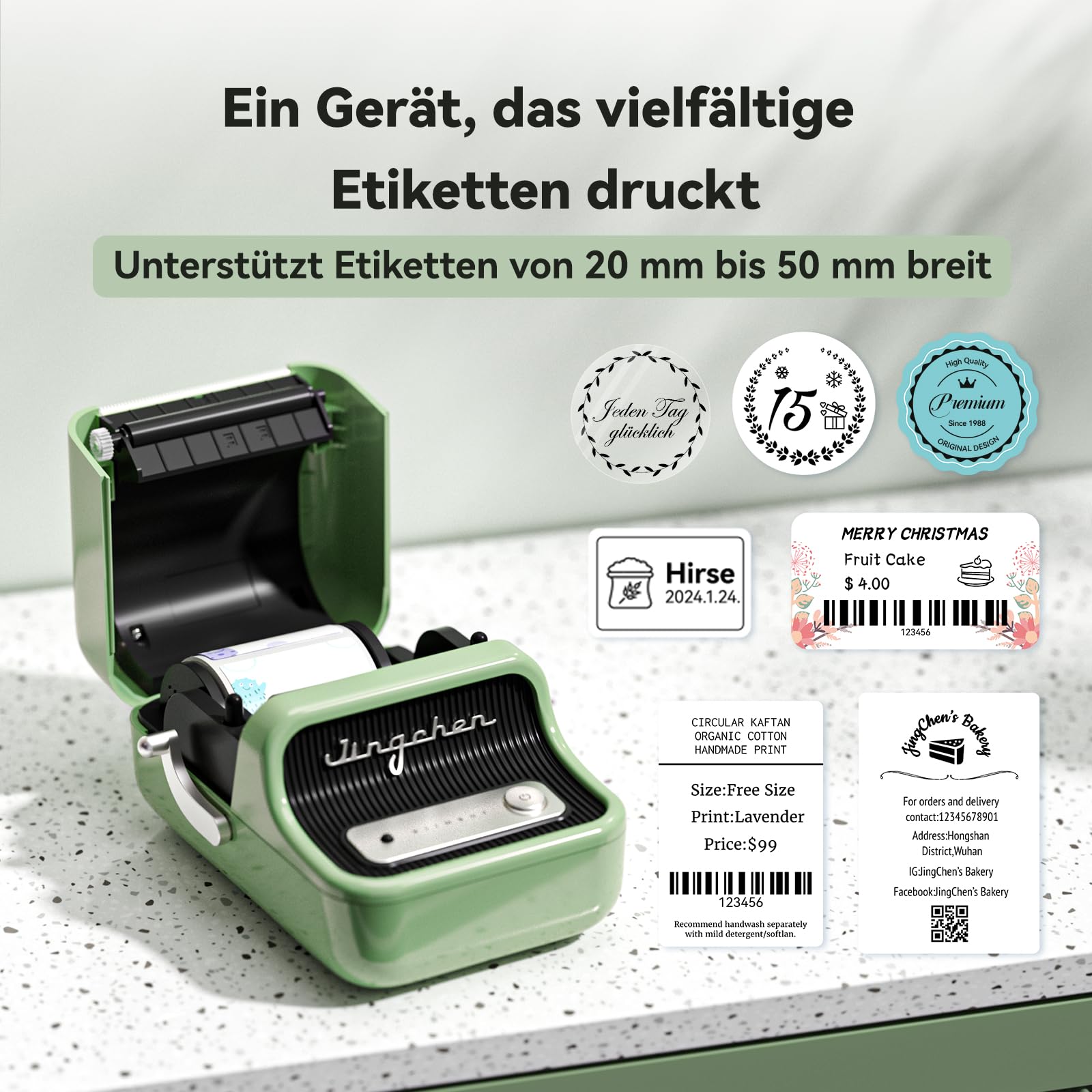 NIIMBOT B21 Bluetooth Label Printer, Self-Adhesive Labeling Device Includes One Roll of 50 x 30 mm Labels, Portable Label Printer with Mobile and Computer for Photos Barcode and Office Work (Green)