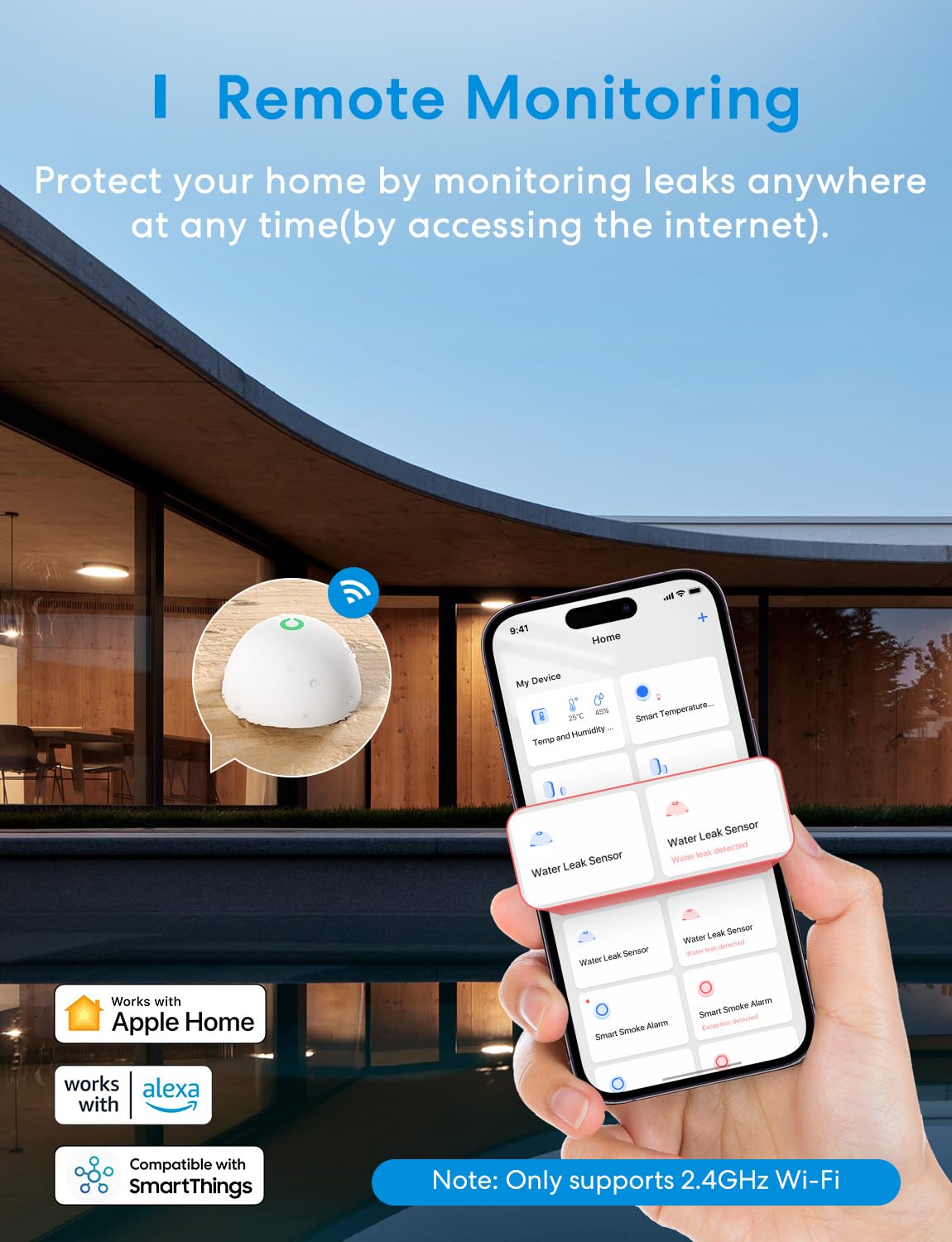 جهاز استشعار مياه ذكي ميروس مع موزع لاسلكي للكشف عن الفيضانات بتصنيف IP67، منبه صوتي حتى 60 ديسيبل للمطبخ والحمام والقبو