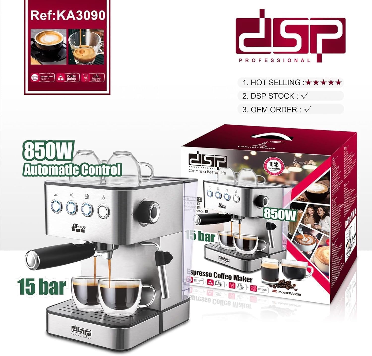 DSP Espresso 15 Bar Coffee Maker KA3090 | Capuccino | Milk Foam | Modern Kitchens | Steam Nozzle for Frothing Milk and Preparing Hot Drinks