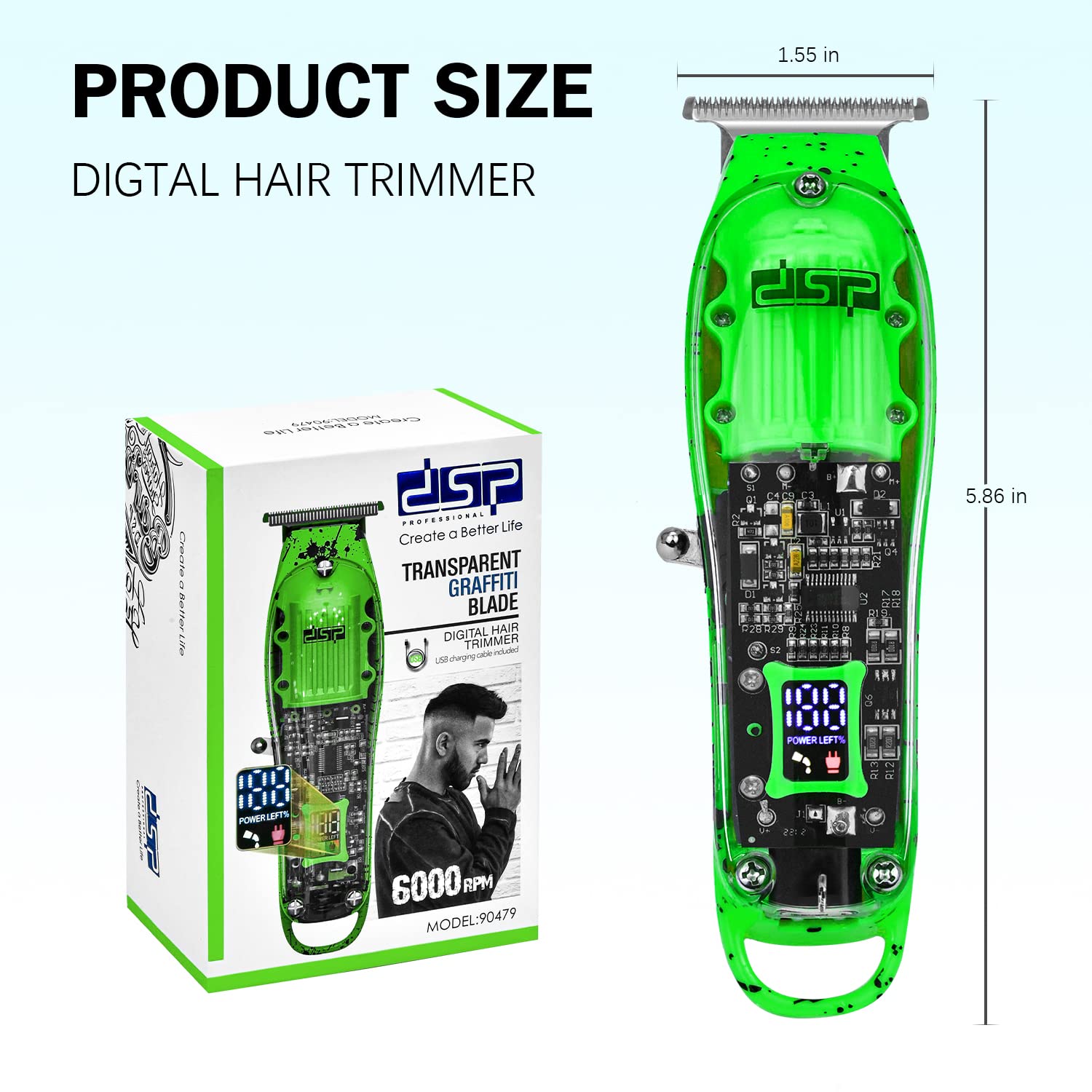 DSP ماكينة تشذيب الشعر للرجال بدون سلك على شكل حرف T بدون شارب لقص الشعر وتشذيب اللحية للرجال مع شاشة LED (اخضر)