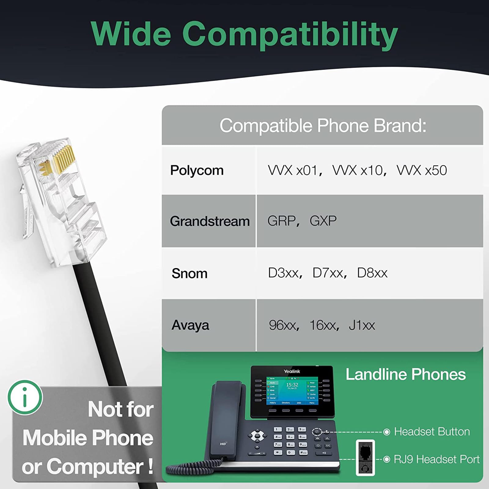 Yealink YHS36 Dual Telephone Headset with RJ9 Jack Phone Headset with Microphone Noise Canceling, Compatible with Yealink Poly Snom Desk Landline Phones (2.1m Cable)