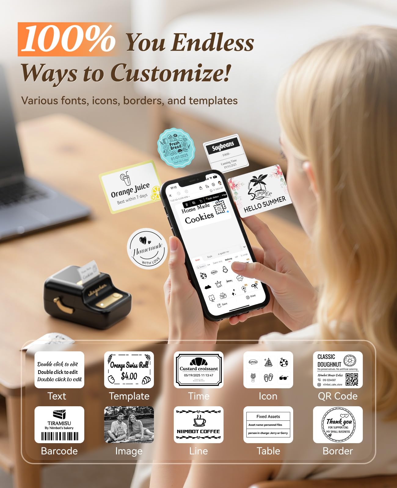 NIIMBOT B21 Portable Thermal Label Maker Inkless, Wireless Bluetooth Label Printer for Clothing, Addresses, Business, Compatible with iOS and Android, with 1 Roll 50x30mm White Labels, Black
