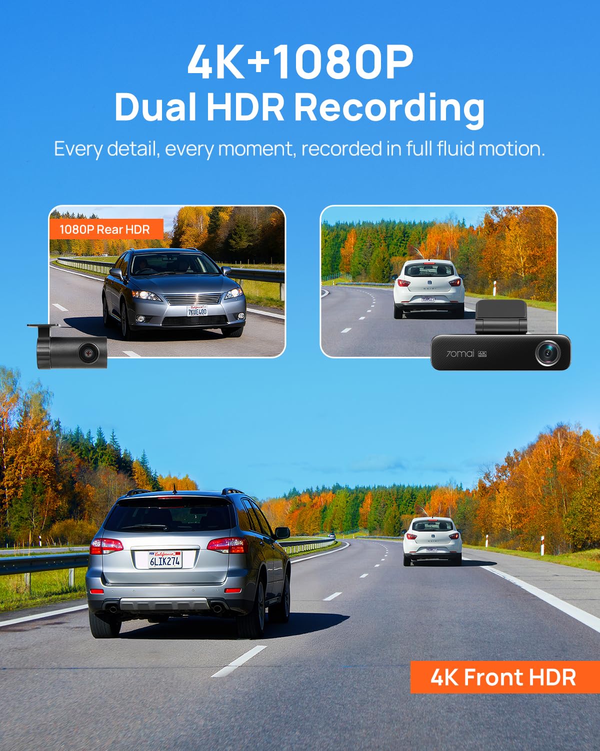 70mai M800 4K Dash Cam Front and Rear for Cars, STARVIS 2 IMX678 Super Night Vision and F1.7 Aperture, Dual HDR, 4G LTE & 5GHz Wi-Fi, Built-in 128GB eMMC, GPS, Voice Control, Monitor