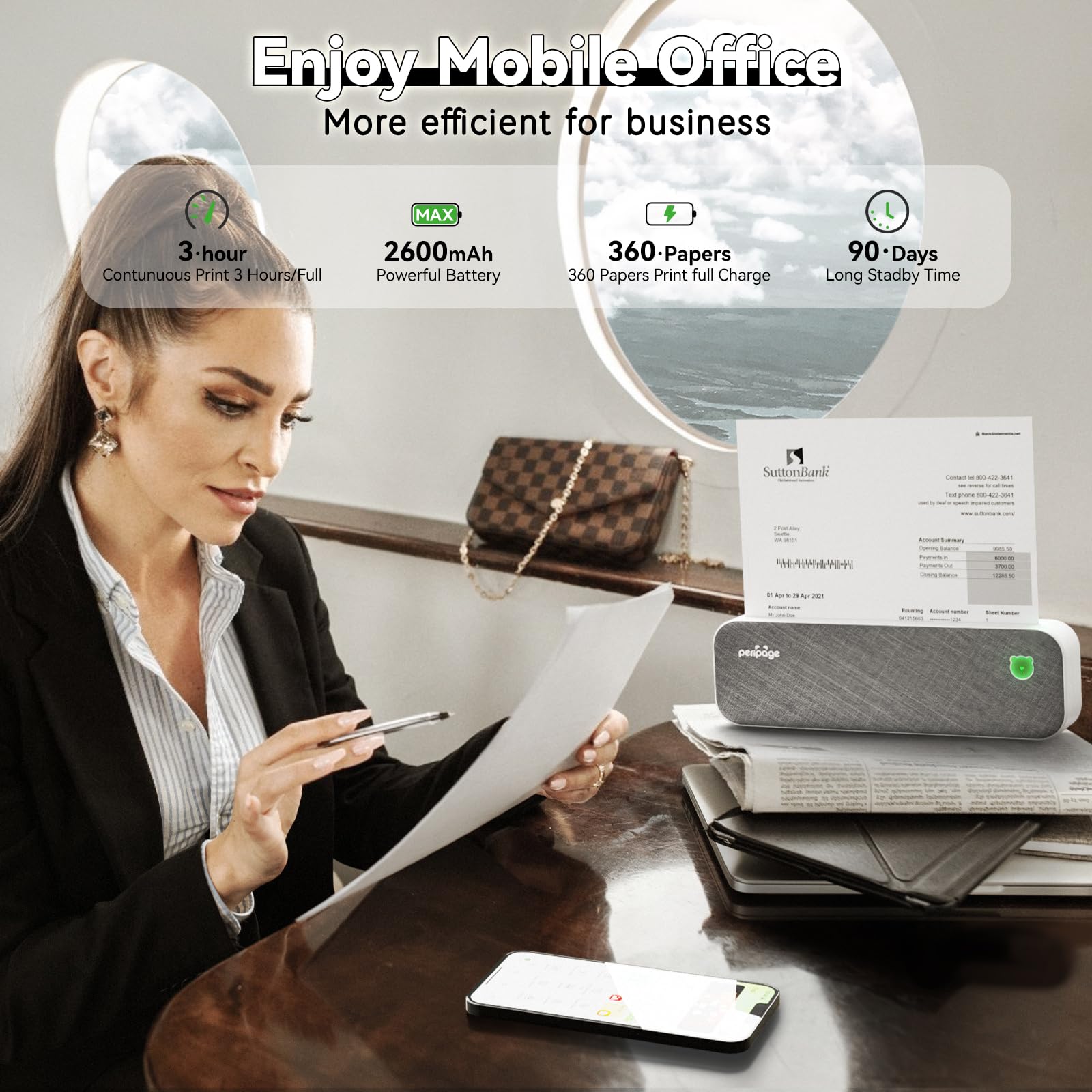 بيريبيج طابعة حرارية محمولة مقاس A4، تدعم رسائل الولايات المتحدة مقاس 8.25×11.7 انش، لاسلكية بدون حبر بتقنية بلوتوث متوافقة مع اندرويد وiOS، لطباعة المستندات وورق التاتو والصور (رمادي)