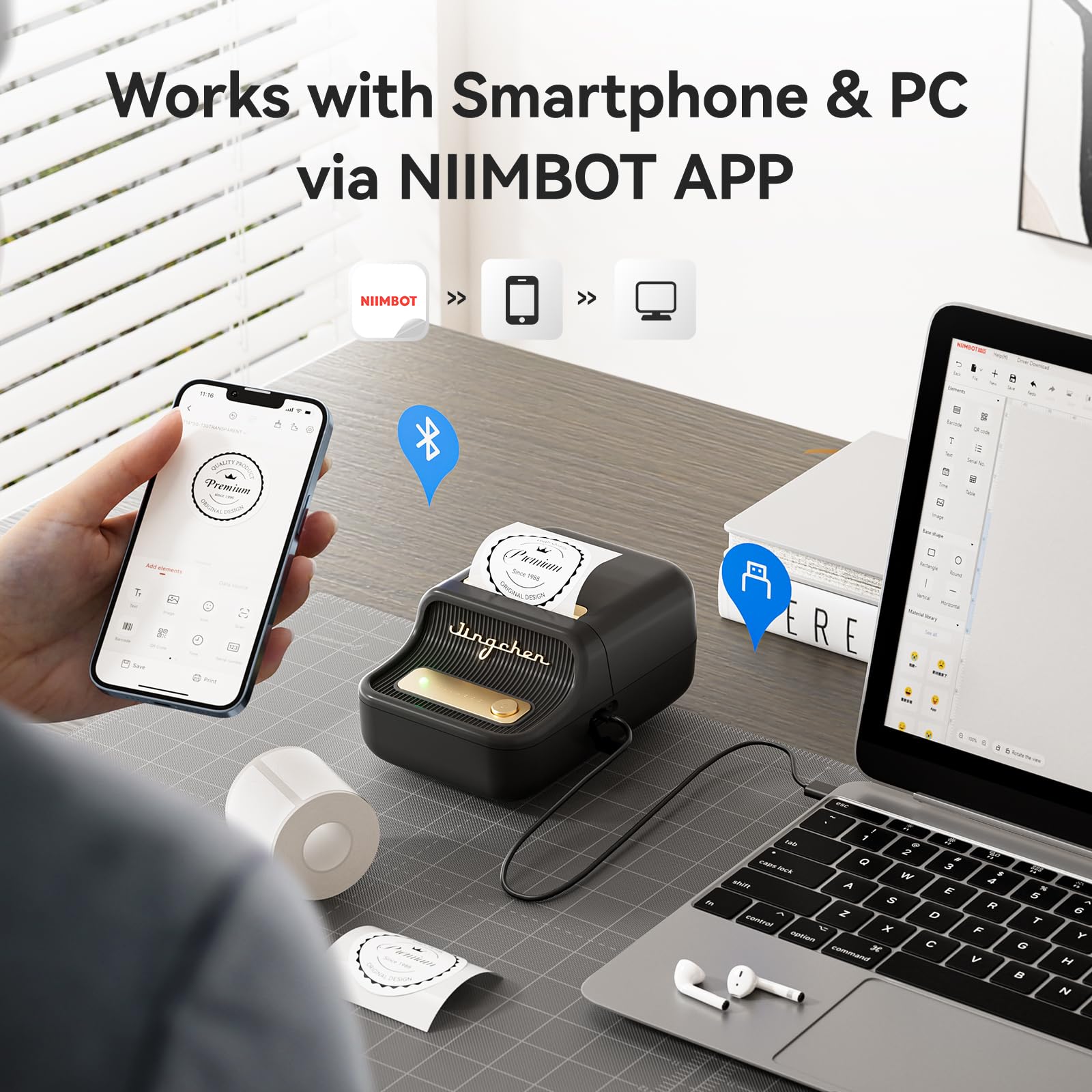 NIIMBOT B21 Label Maker, 2 Inch Portable Thermal Label Printer, Label Maker Machine with Tape, Compatible with Android, iOS & PC,Labeling for Home Storage Office and Small Business,Black