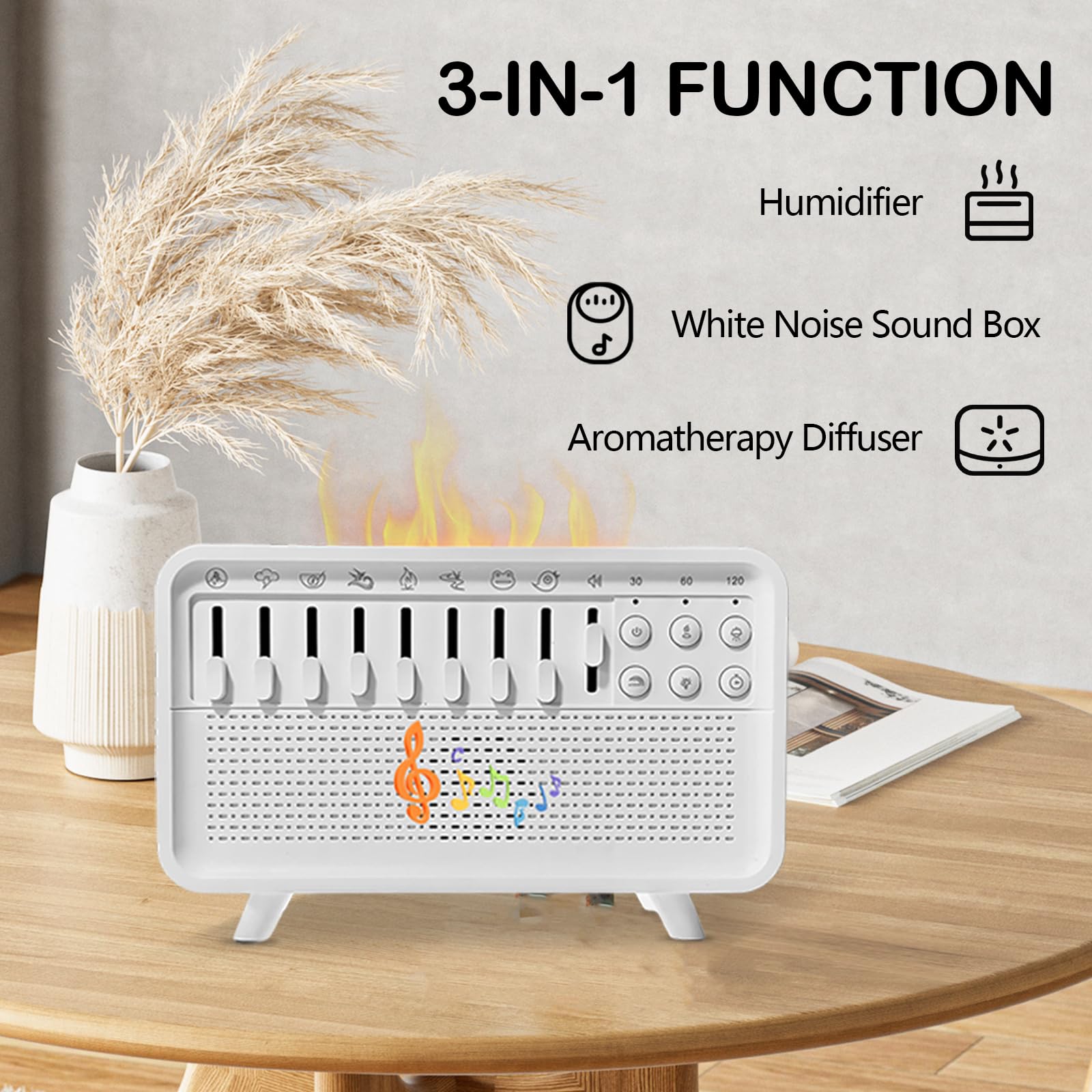 Air Humidifier with White Noise, Portable Sound Machine with Timer and 8 Natural Ambient Sounds, Humidifier with White Noise, Sleep Sound Machine, Flame Diffuser with Night Light