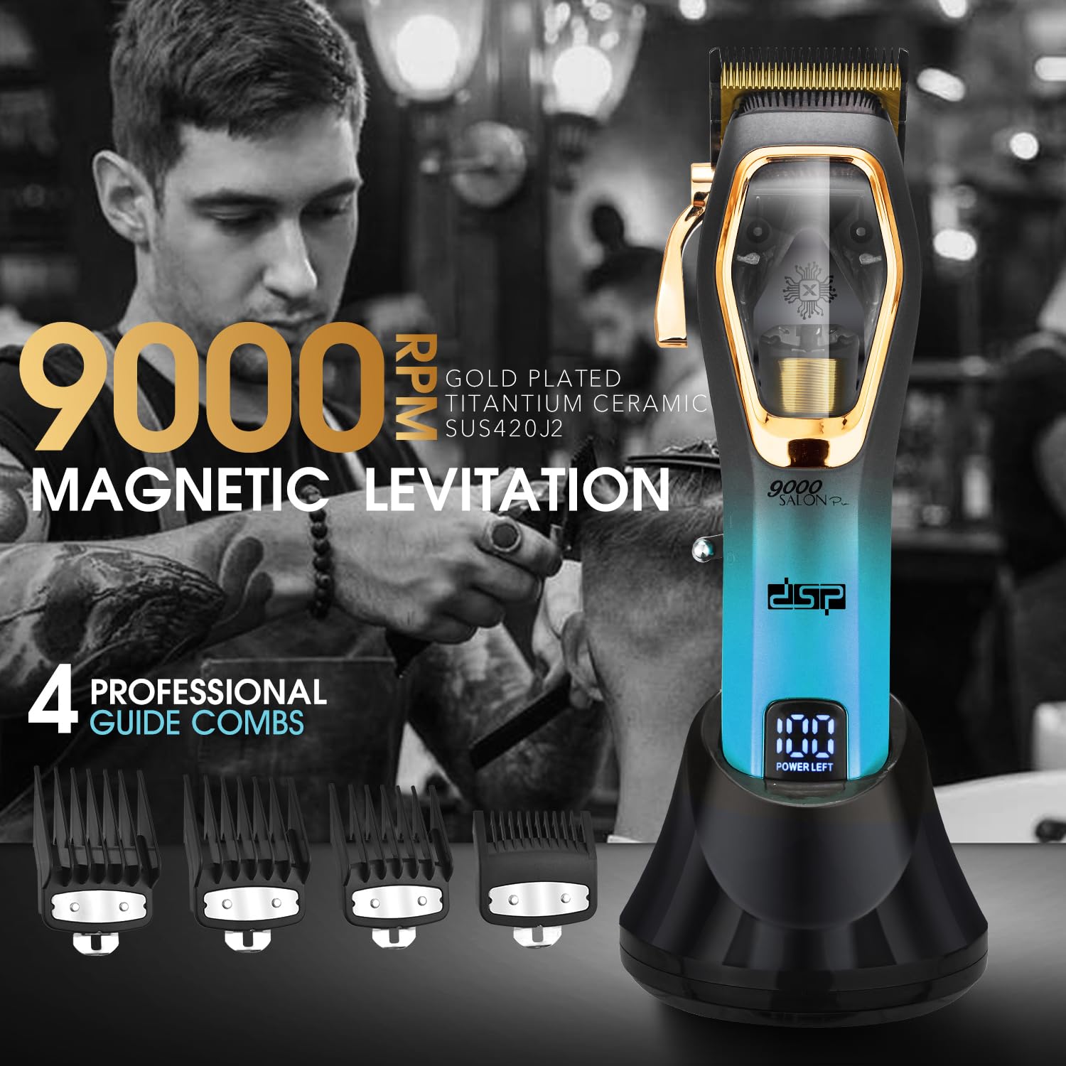 DSP Pro Barber Hair Clippers Set: Cordless Magnetic 9000 RPM, Constant Speed Control for Smooth Cutting. Ceramic Blades, 2500mAh Battery, Low Noise & Heat - Ideal for Men's Grooming & Fades (Blue)