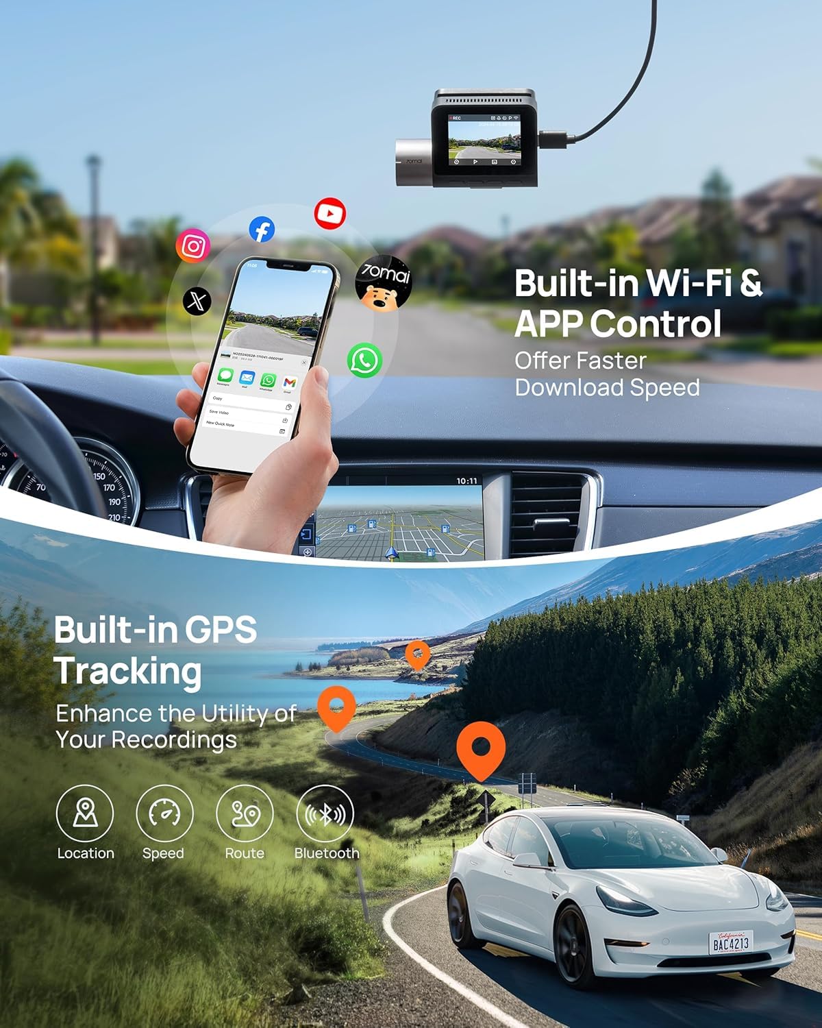 70mai A500S Dash Cam Pro Plus Smart Set - Dual Video Recording, 5MP Resolution, 140° Wide Viewing Angle, Free WiFi, 24-Hour Parking Screen for Enhanced Safety