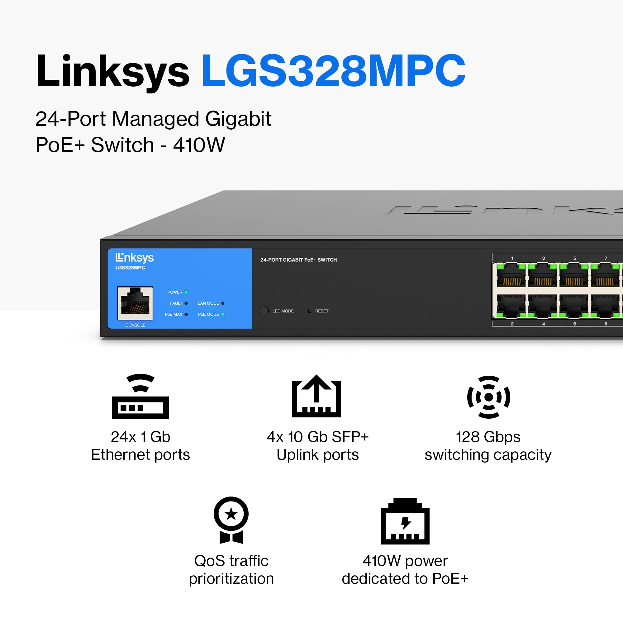 لينكسيس محول LGS328MPC 24 منفذ جيجابت PoE+ @ 410 واط مع 4 فتحات ابلينك SFP+ 10G - موزع ايثرنت ذكي مدار مع غلاف معدني، حامل لسطح المكتب / الحائط