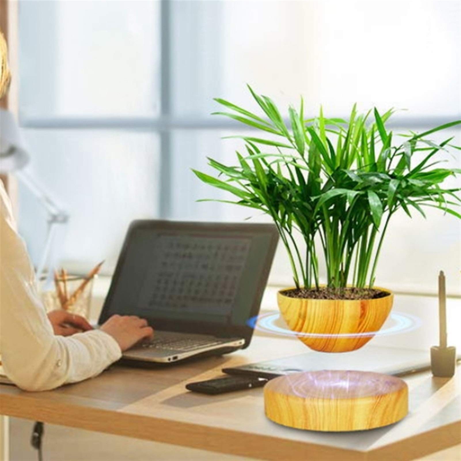 Levitation Potted Plant Floating Air Bonsai Tree Pot Garden Flower Pot Beautiful Gifts for Friends US Plug (Color : Wood Color)