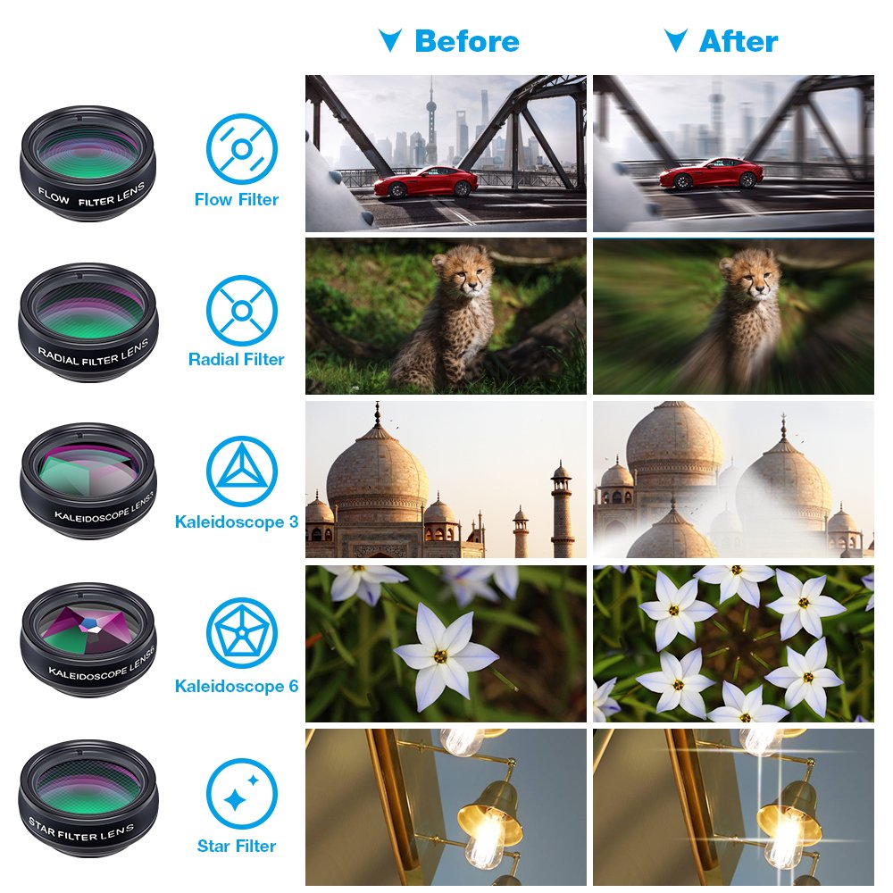 Apexel 10 in 1 Phone Camera lens kit Wide Angle lens, Macro lens, Fisheye lens, Telephoto lens, Kaleidoscope 3/6 lens CPL/Flow/Star/Radial Filter Clip-on Phone for iPhone Samsung Most of Smartphone