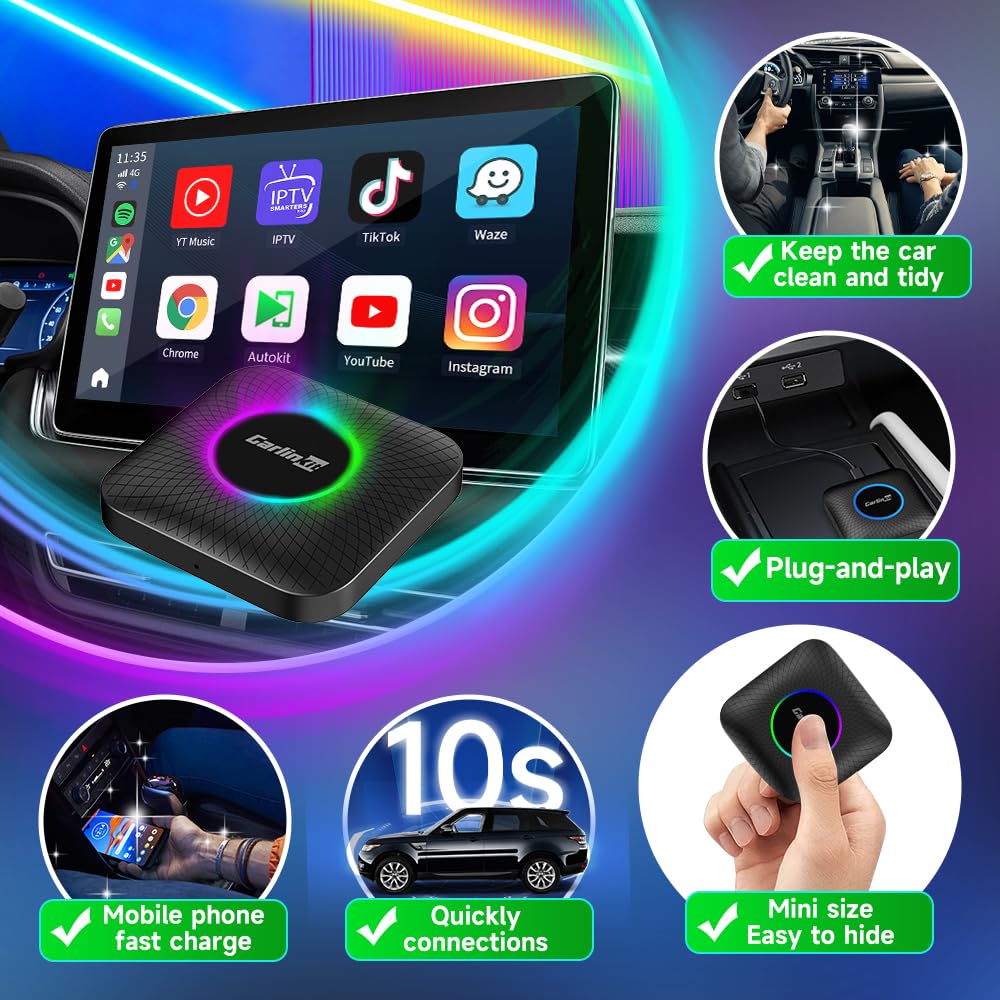 CarlinKit CarPlay Ai Box Android 13.0 with LED Light for Car with Wired CarPlay and Touchscreen,Bulit-in 4G Net,8-Core 8+128G,GPS,YouTube,Netflix,Google Play,Wired to Wireless CarPlay and Android Auto