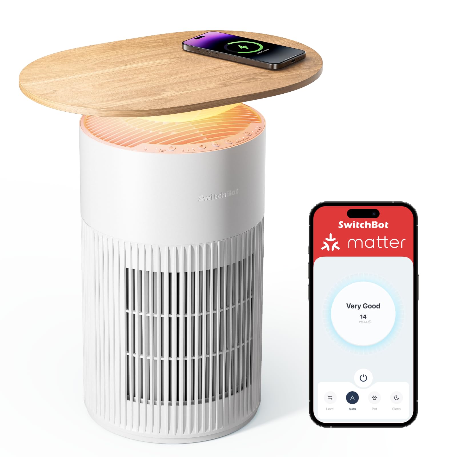 SwitchBot Smart Air Purifier Table - HEPA Filter, Pet Friendly, Ultra Quiet, Wireless Charging, Touch Control, Ideal for Modern Homes