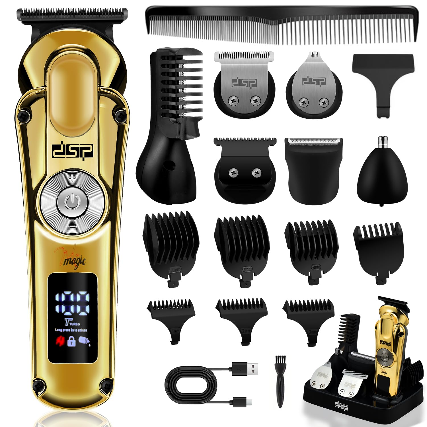 DSP Men's Facial Hair Trimmer Set, Beard and Nose Trimmer, Rechargeable via USB, IPX7 Waterproof