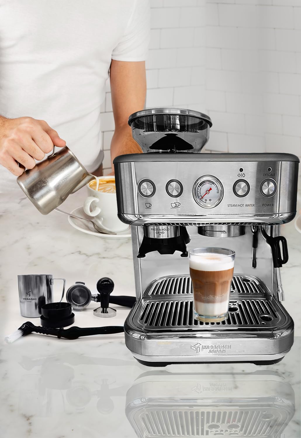 MEBASHI Commercial Coffee Machine with CF Grinder, 2.3L Capacity, 15 Bar Pressure, Stainless Steel (ME-CCM2053)(1770W)