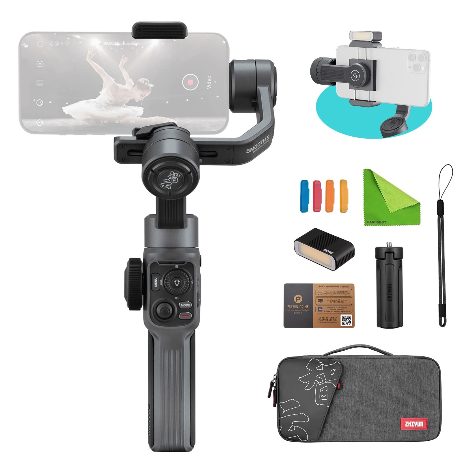 Zhiyun Smooth 5 Combo Kit with Magnetic Fill Light, Carrying Case and Tripod, Professional Handheld 3-Axis Gimbal Stabilizer for Smartphones iPhone 14 Pro Max Plus 13 12 11 X XS XR Mini SE 8 7 and Android