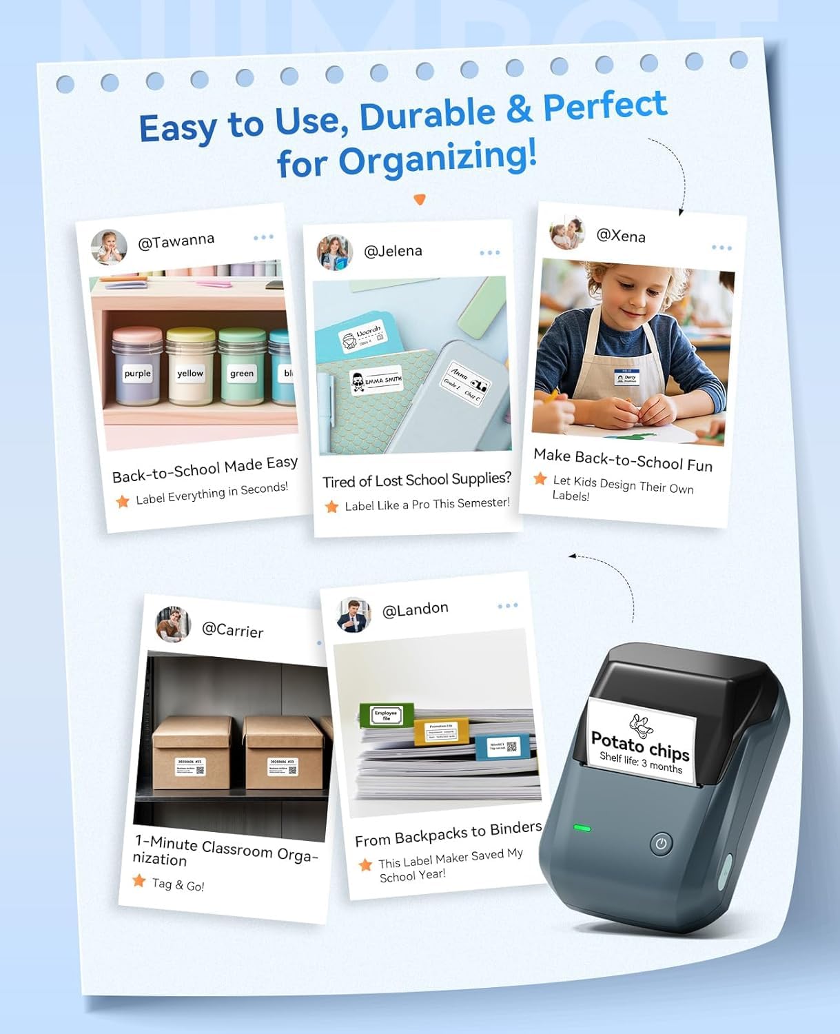 NIIMBOT B1 Label Maker with Auto Identification,2 Inch Bluetooth Portable Label Printer Easy to Use for Office, Home, Business (with 2x1.18 inch Label)