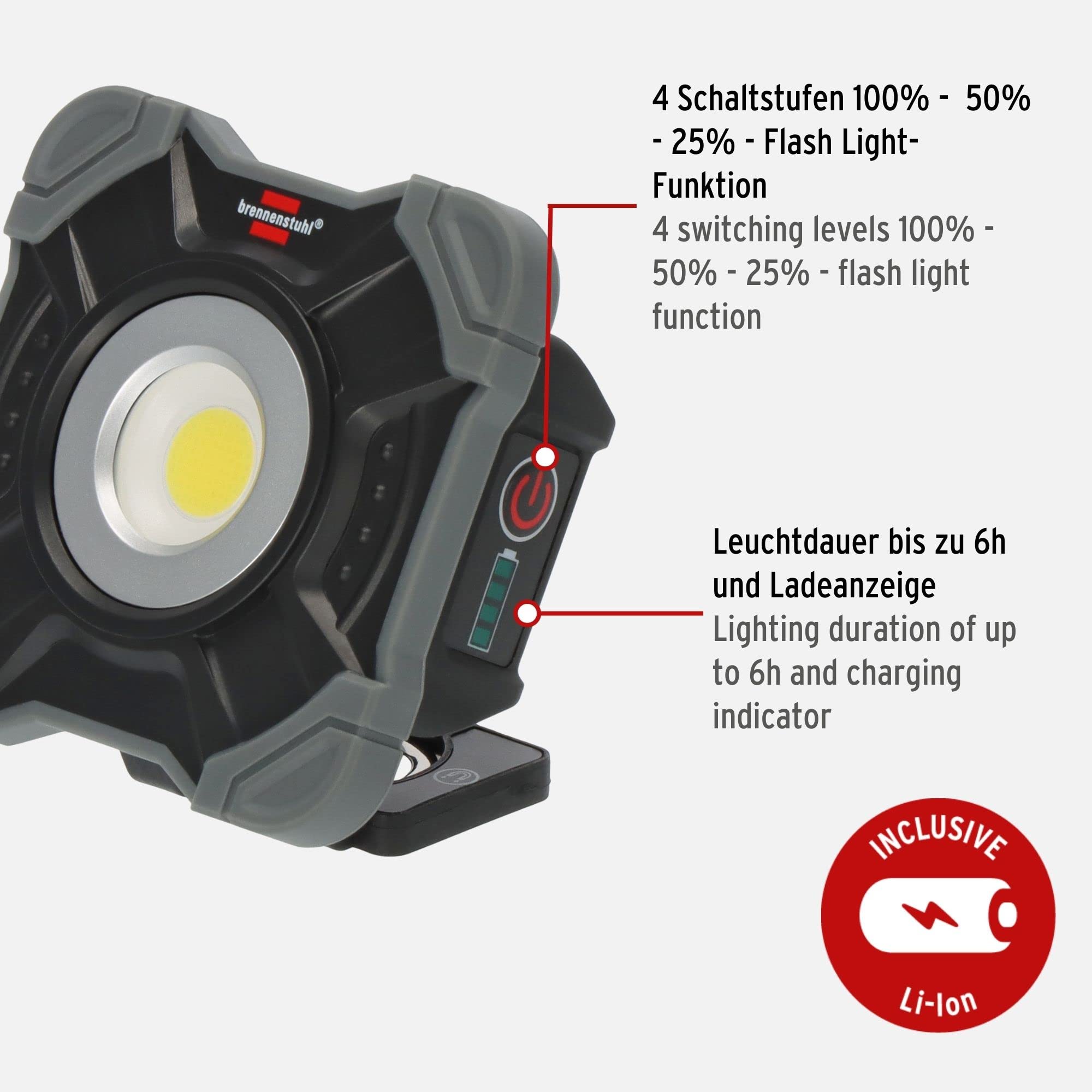 Brennenstuhl Rechargeable LED Work Light IP54 Water and Dust Resistant 1000mAh SH - Black/Grey, One Size