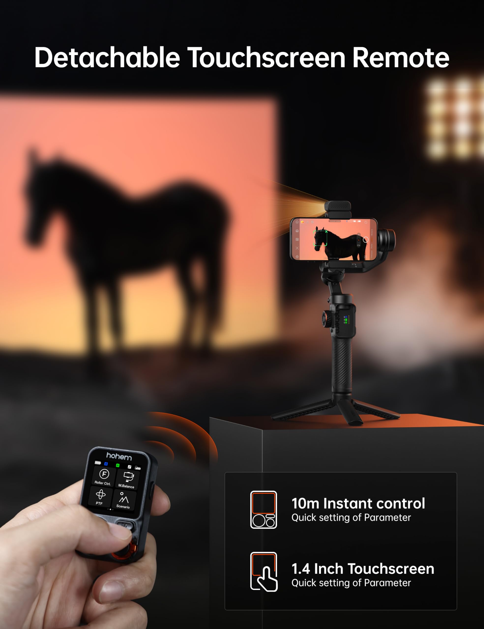 Hohem M7 Smartphone Gimbal Stabilizer with AI Tracking Sensor, Fill Light, Detachable Remote Control with 1.4 Inch Touch Screen, Built-in Extension Rod, 3-Axis Gimbal for iPhone and Android